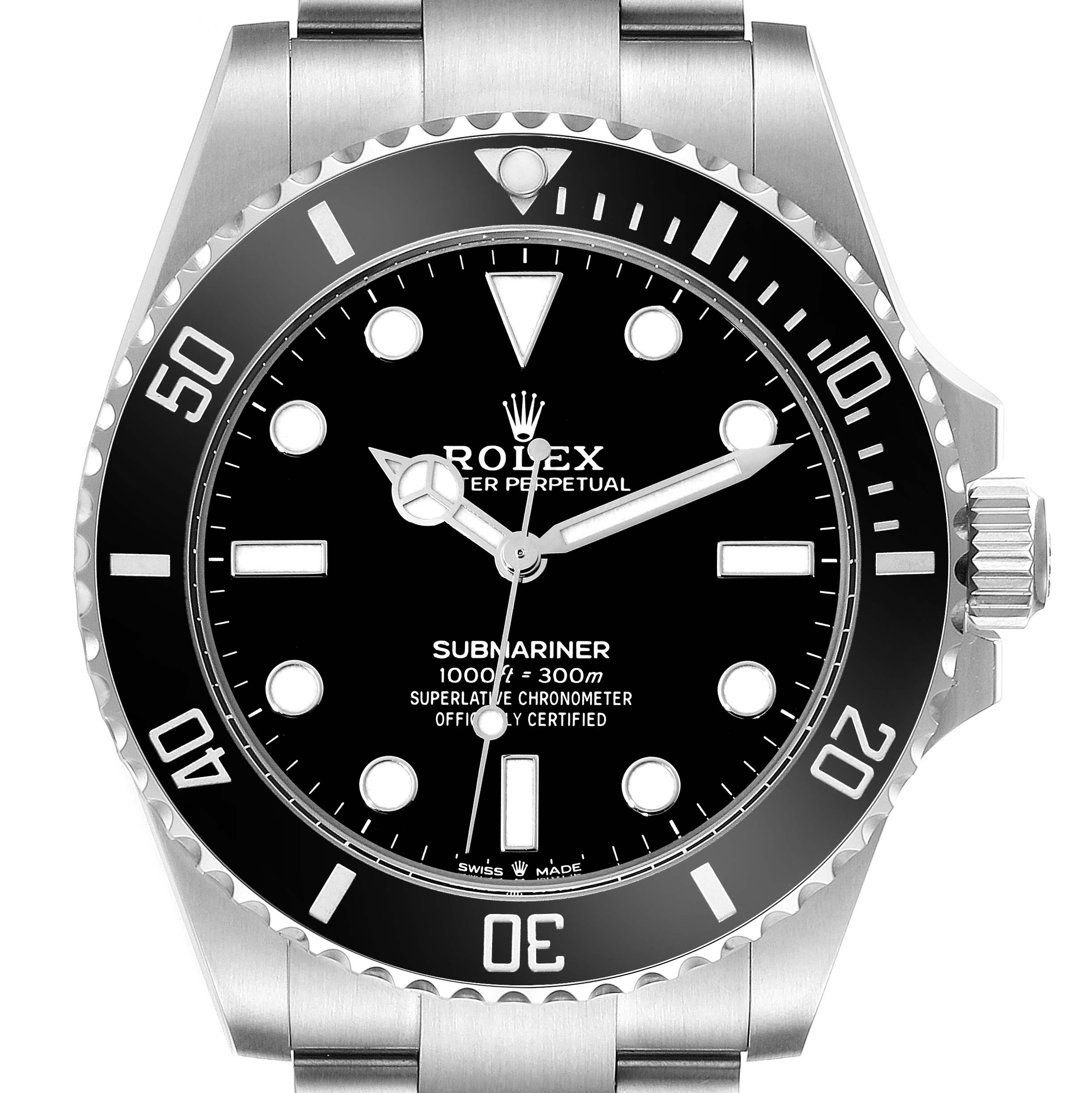 This image shows a front view of the dial, bezel, and part of the bracelet of the Rolex Submariner 124060 Men
s Stainless Steel Black Dial 124060 Men
s Stainless Steel Black Dial watch.
