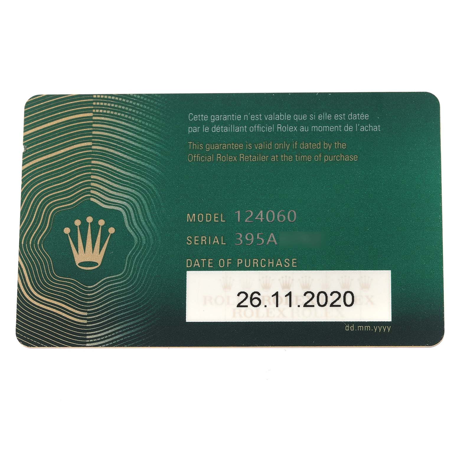 The image shows a warranty card for the Rolex Submariner 124060 Men
s Stainless Steel Black Dial 124060 Men
s Stainless Steel Black Dial model 124060, with the purchase date indicated as 26.11.2020.