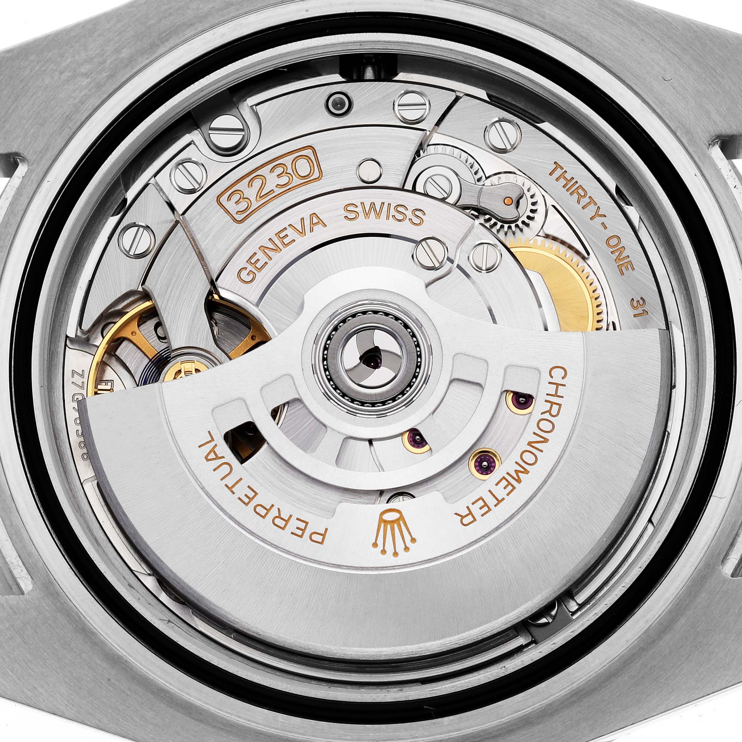 The image shows the intricate automatic movement mechanism of a Rolex Submariner 124060 Men
s Stainless Steel Black Dial 124060 Men
s Stainless Steel Black Dial watch from a close-up, rear angle.