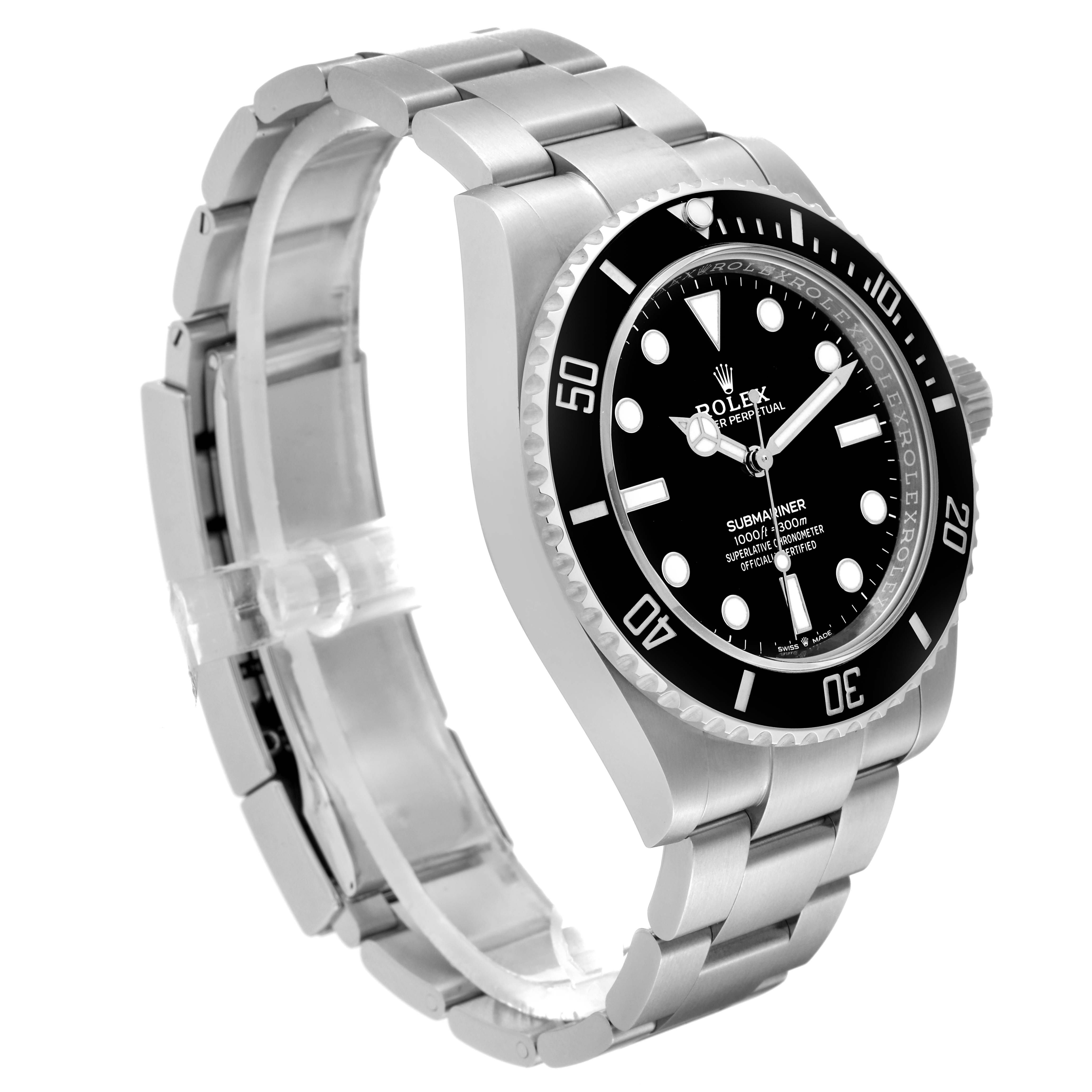 The image shows a Rolex Submariner 124060 Men
s Stainless Steel Black Dial 124060 Men
s Stainless Steel Black Dial watch at an angled side view, highlighting its black dial, bezel, stainless steel case, and bracelet.