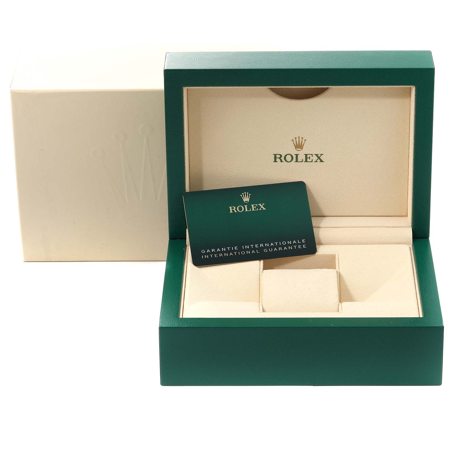 This image shows the open box and guarantee card for a Rolex Submariner 124060 Men
s Stainless Steel Black Dial 124060 Men
s Stainless Steel Black Dial watch at a front angle.