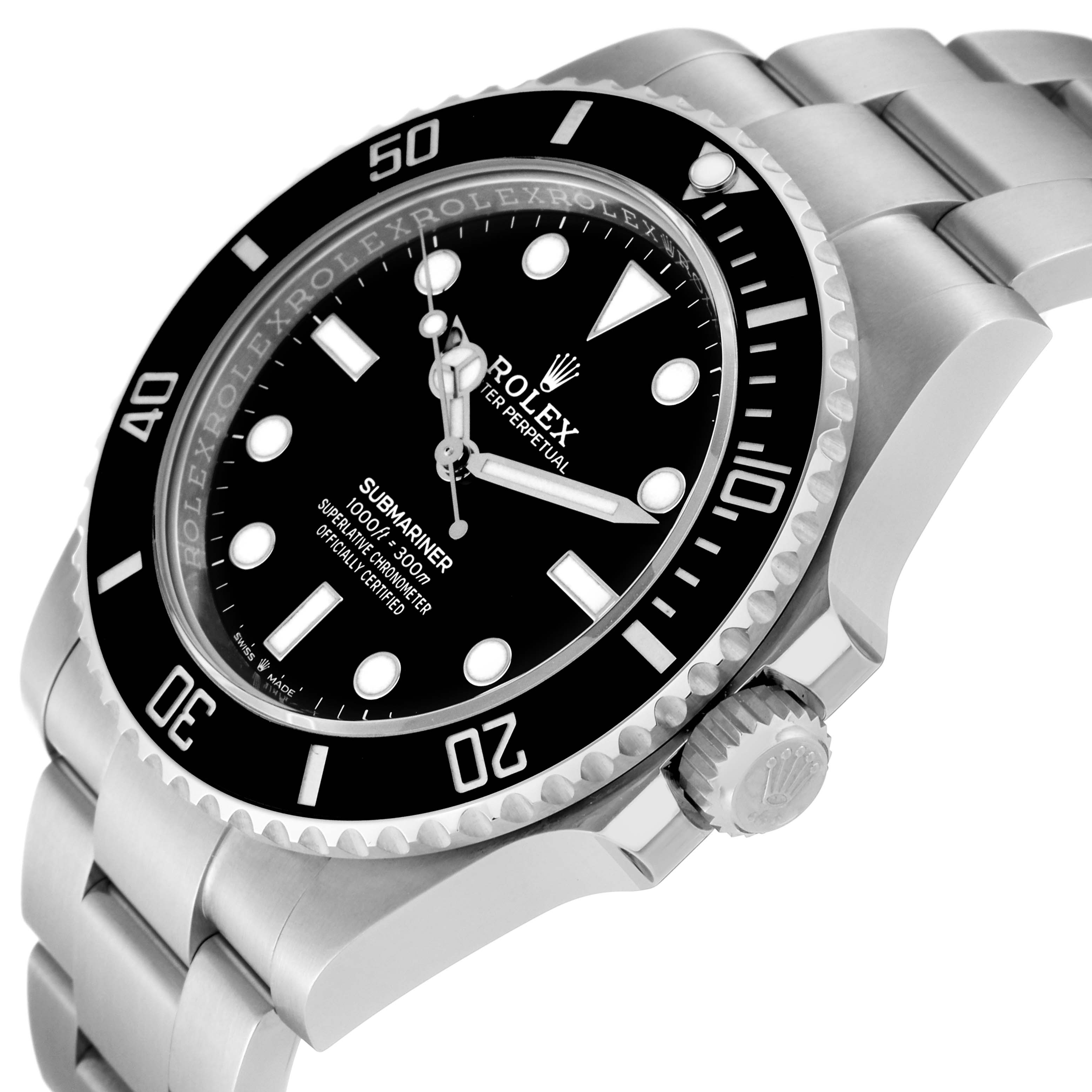 The image shows a Rolex Submariner 124060 Men
s Stainless Steel Black Dial 124060 Men
s Stainless Steel Black Dial watch at an angled side view, highlighting the dial, bezel, and bracelet.