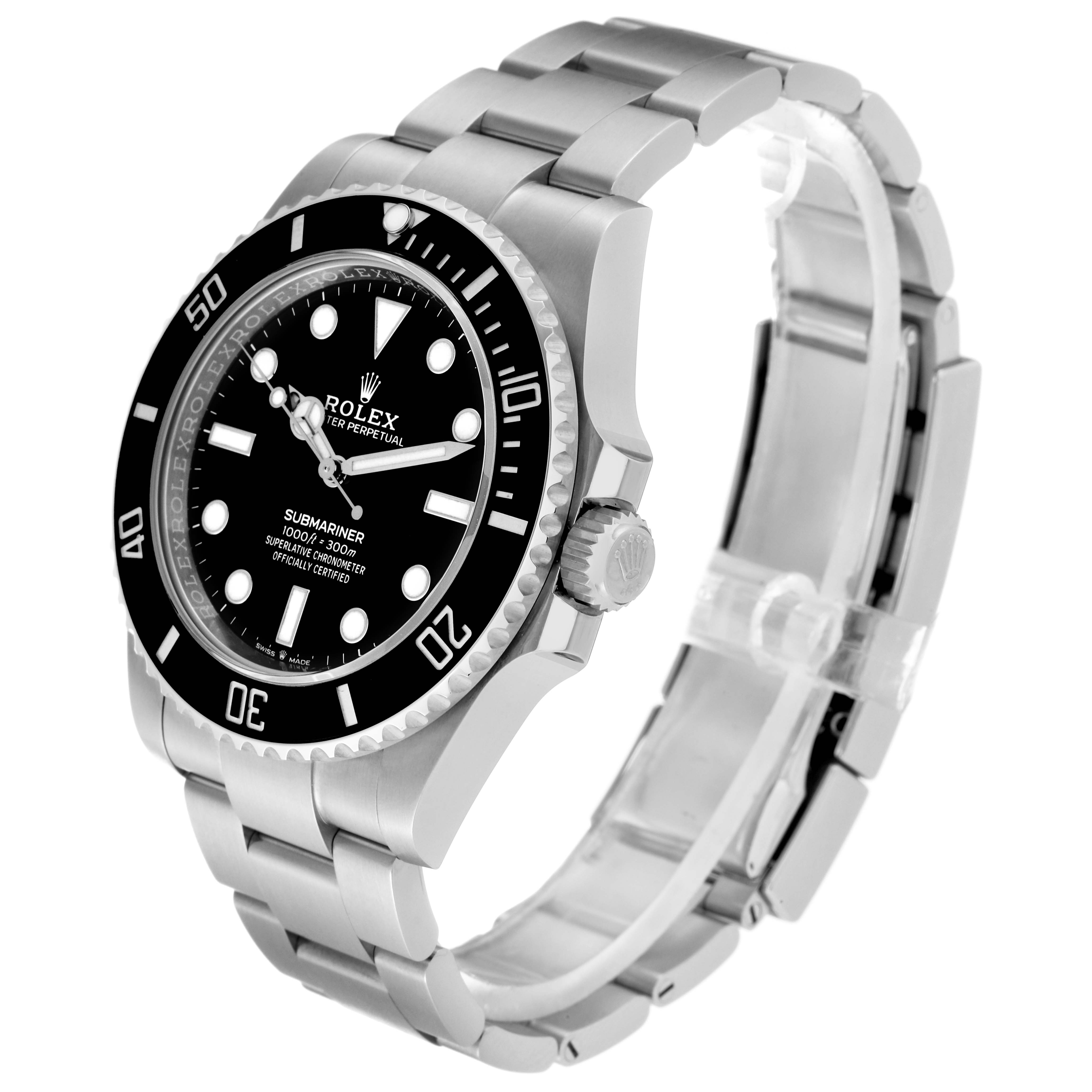 The image shows a Rolex Submariner 124060 Men
s Stainless Steel Black Dial 124060 Men
s Stainless Steel Black Dial watch at an angle displaying its face, bezel, crown, and part of the bracelet.