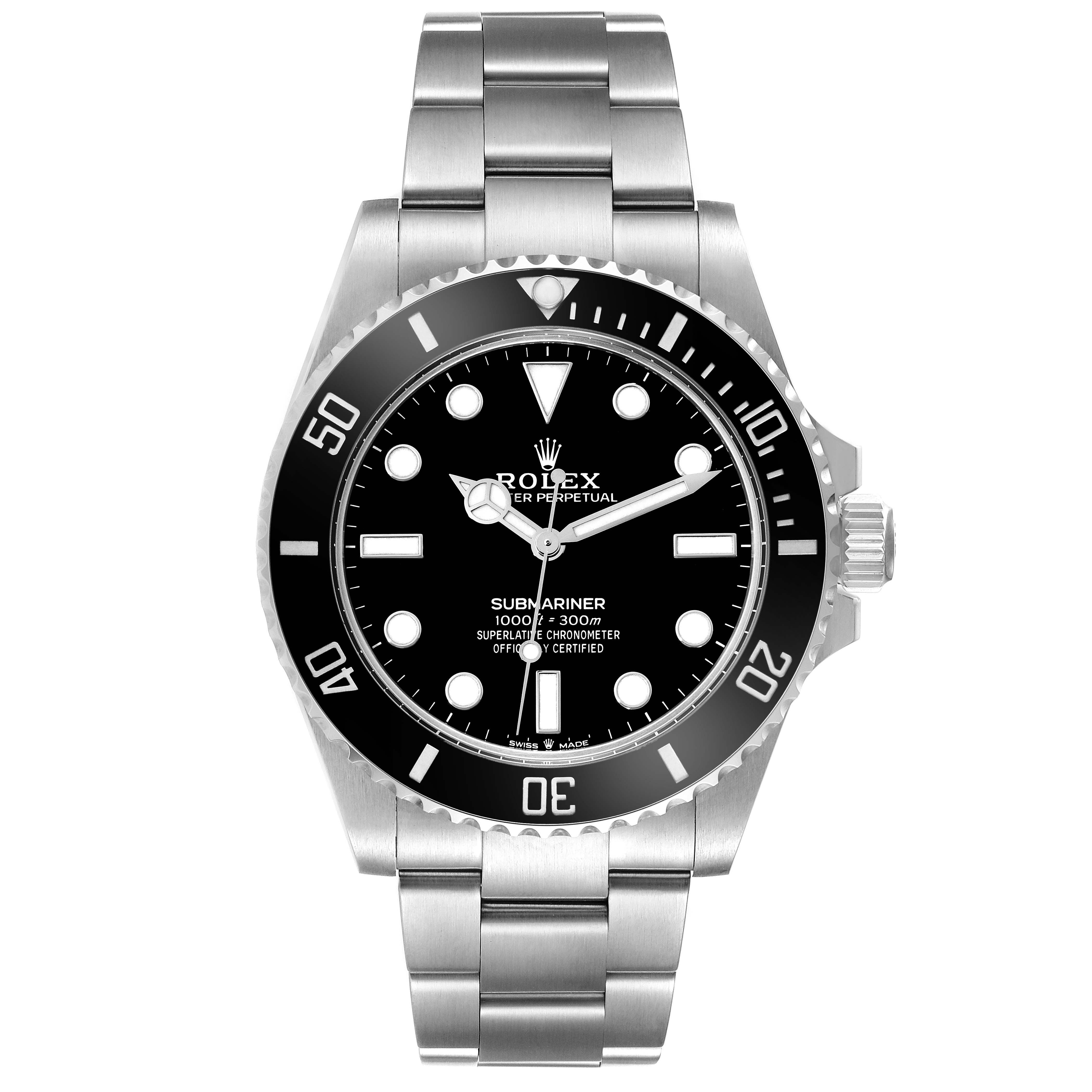 This image shows a front view of a Rolex Submariner 124060 Men
s Stainless Steel Black Dial 124060 Men
s Stainless Steel Black Dial watch displaying its dial, bezel, crown, and bracelet.