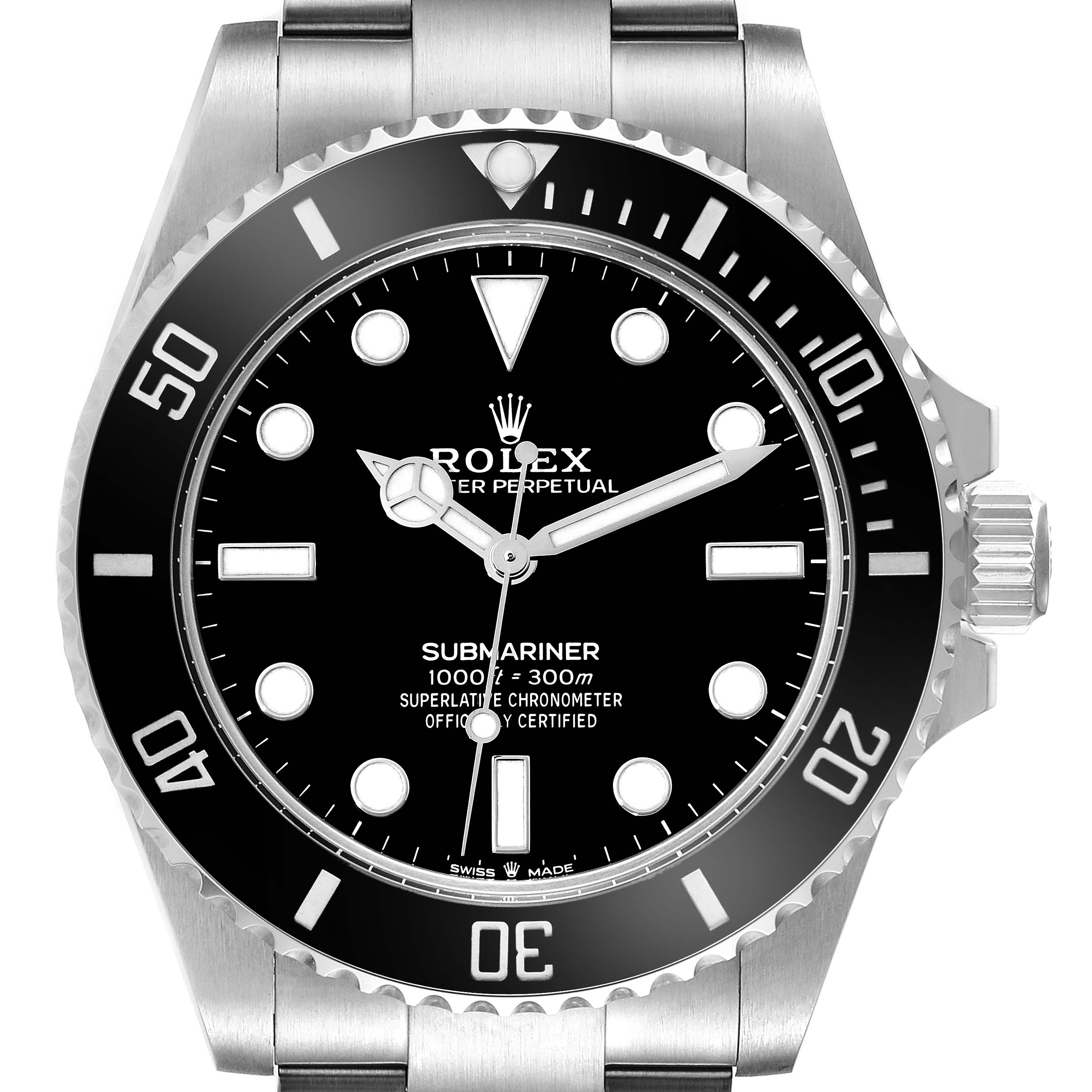 This image shows a front view of a Rolex Submariner 124060 Men
s Stainless Steel Black Dial 124060 Men
s Stainless Steel Black Dial watch, highlighting its dial, bezel, and crown.