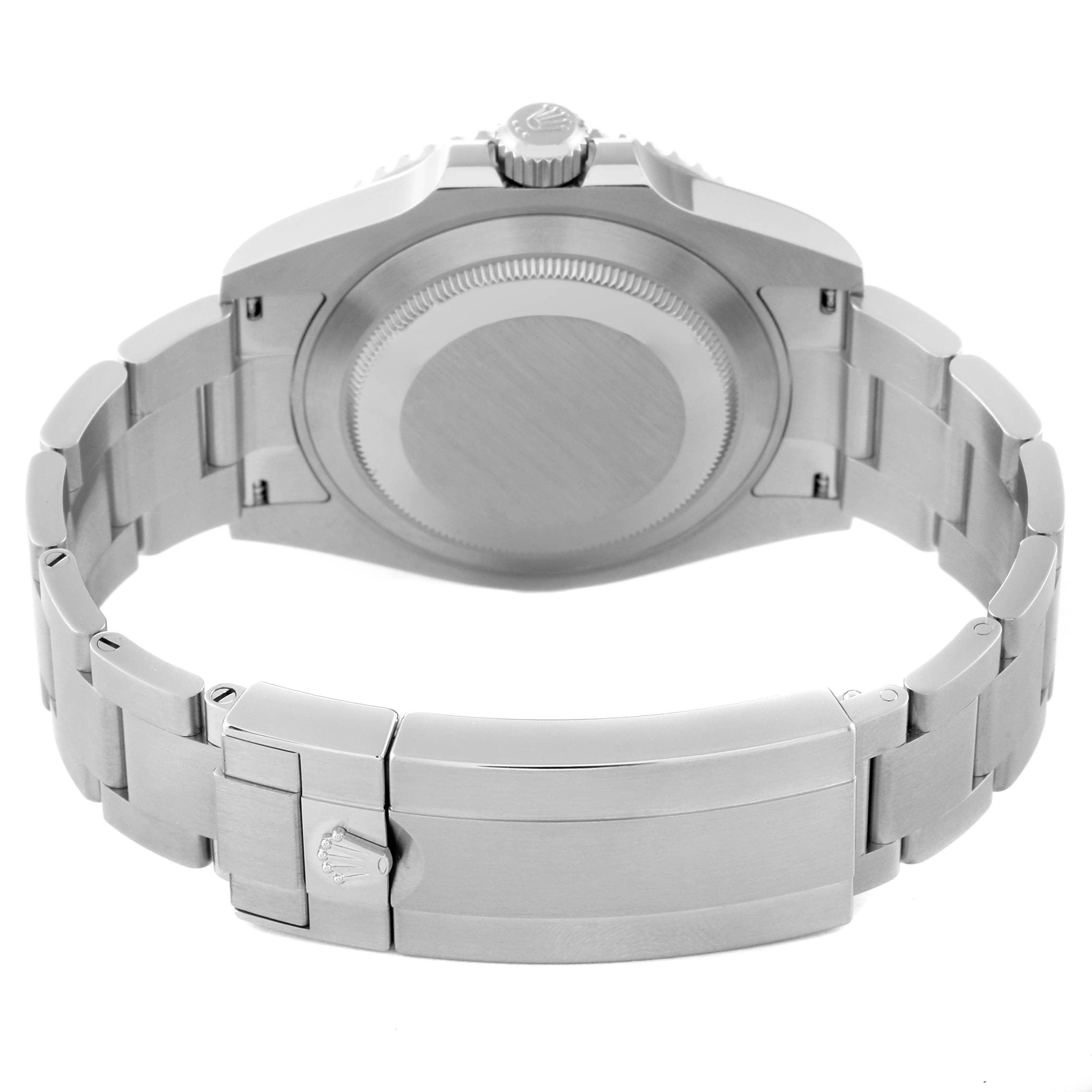 This image shows the back case and bracelet clasp of a Rolex Submariner 124060 Men
s Stainless Steel Black Dial 124060 Men
s Stainless Steel Black Dial watch in a rear view angle.