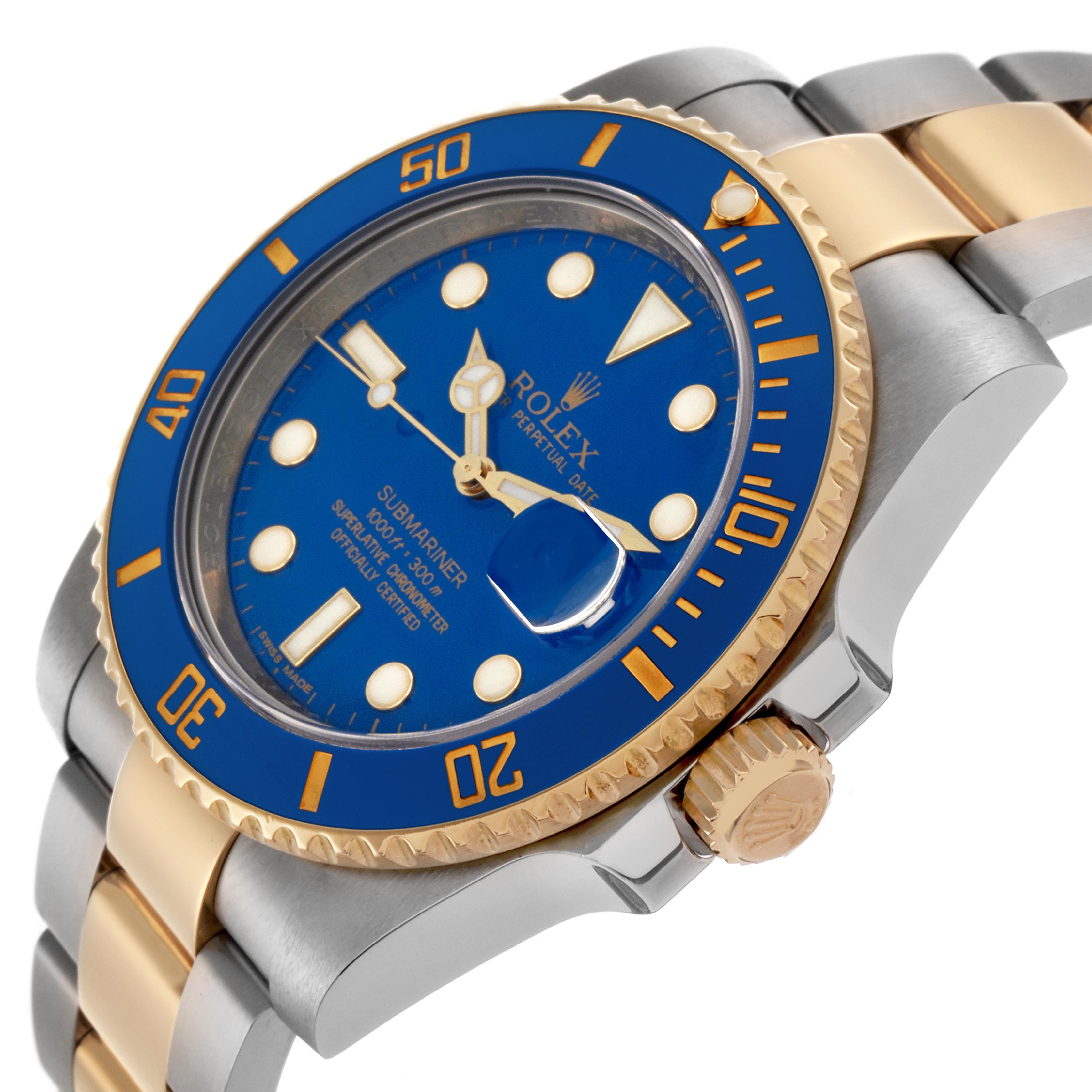 The Rolex Submariner 116613 Men
s Steel and Gold (two tone) Blue Dial 116613 Men
s Steel and Gold (two tone) Blue Dial watch is shown at an angle highlighting the face, bezel, and two-tone bracelet.