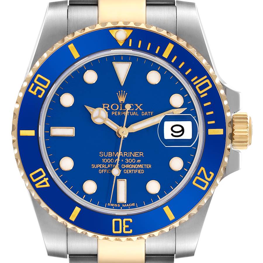 The Rolex Submariner watch is shown from the front, highlighting the blue dial, gold bezel, and markings.