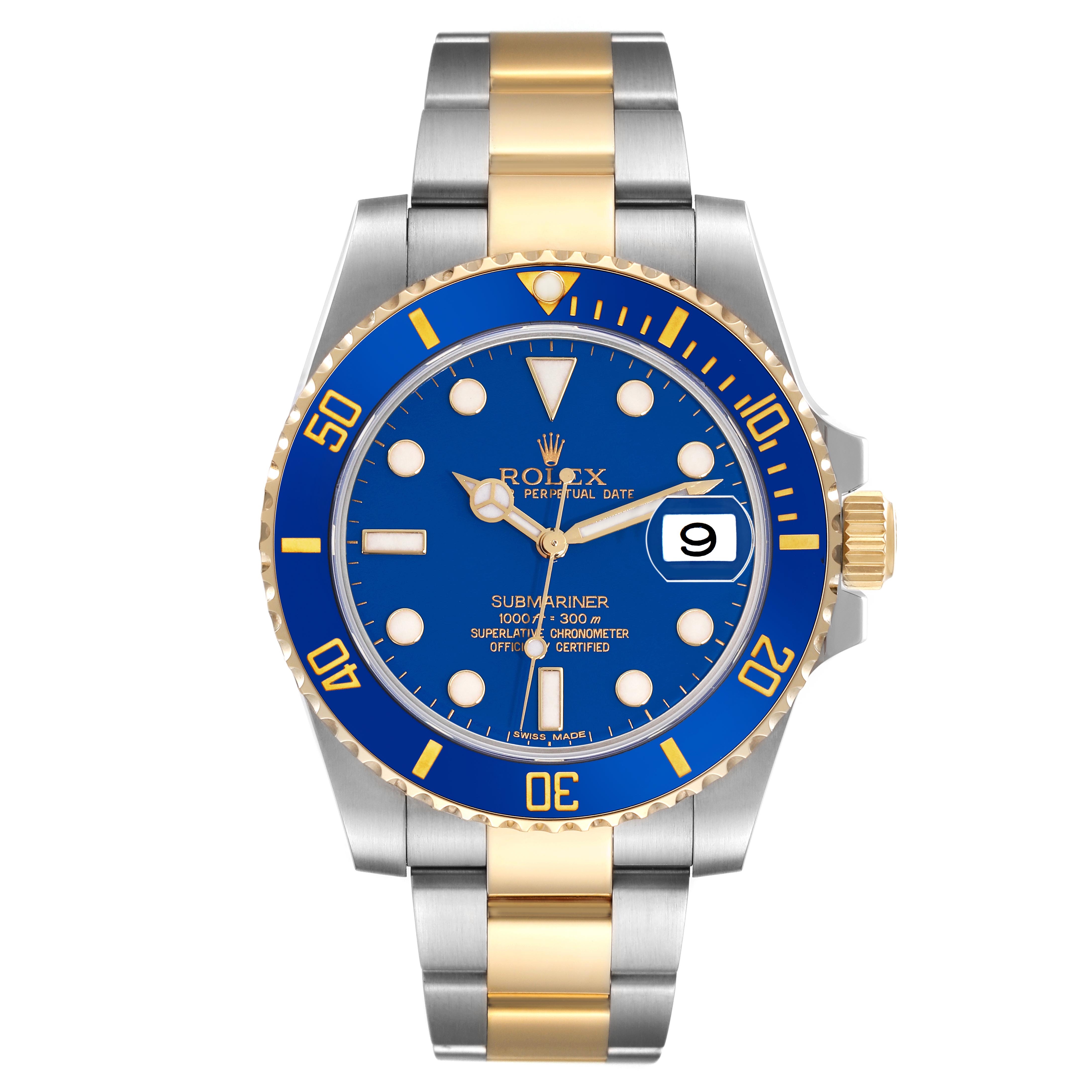 The Rolex Submariner 116613 Men
s Steel and Gold (two tone) Blue Dial 116613 Men
s Steel and Gold (two tone) Blue Dial is shown from a front view, displaying the blue dial, date, bezel, and two-tone bracelet.