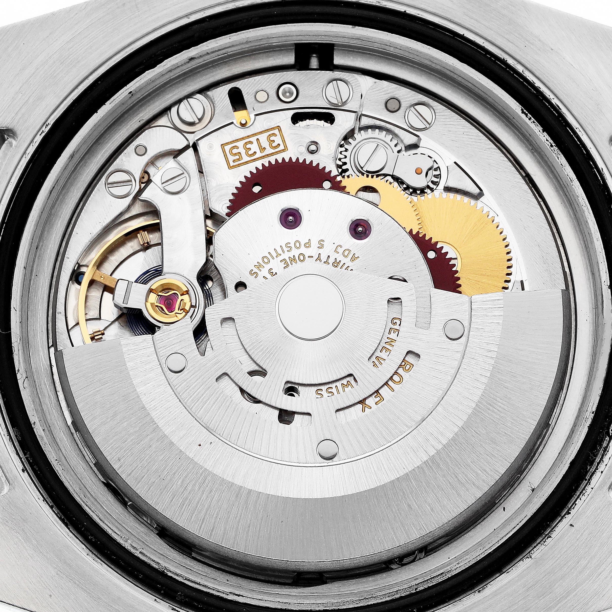 The image shows the intricate movement mechanism of a Rolex Submariner 116613 Men
s Steel and Gold (two tone) Blue Dial 116613 Men
s Steel and Gold (two tone) Blue Dial from the back.