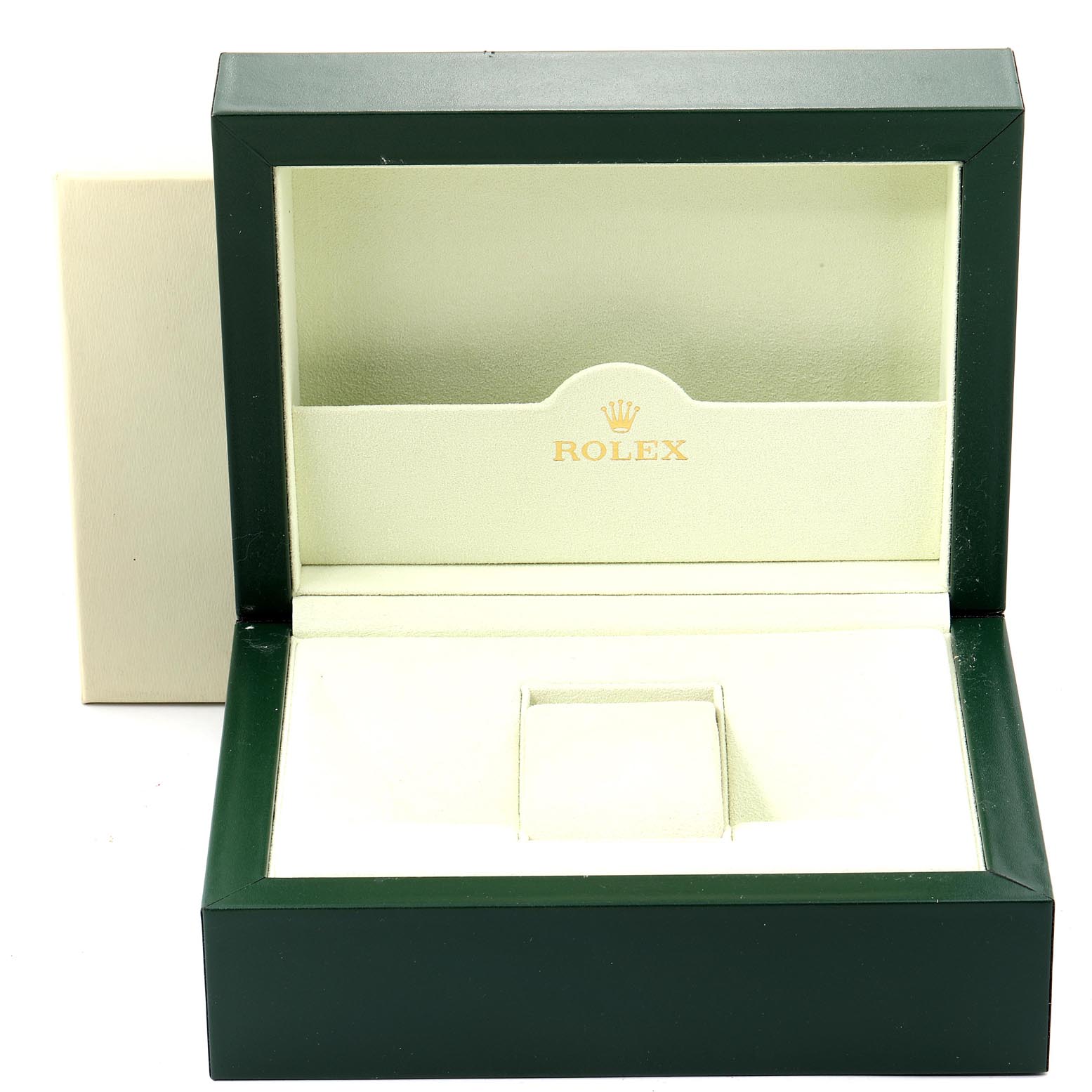 The image shows an empty green and beige Rolex watch box for the Turn-o-Graph model.