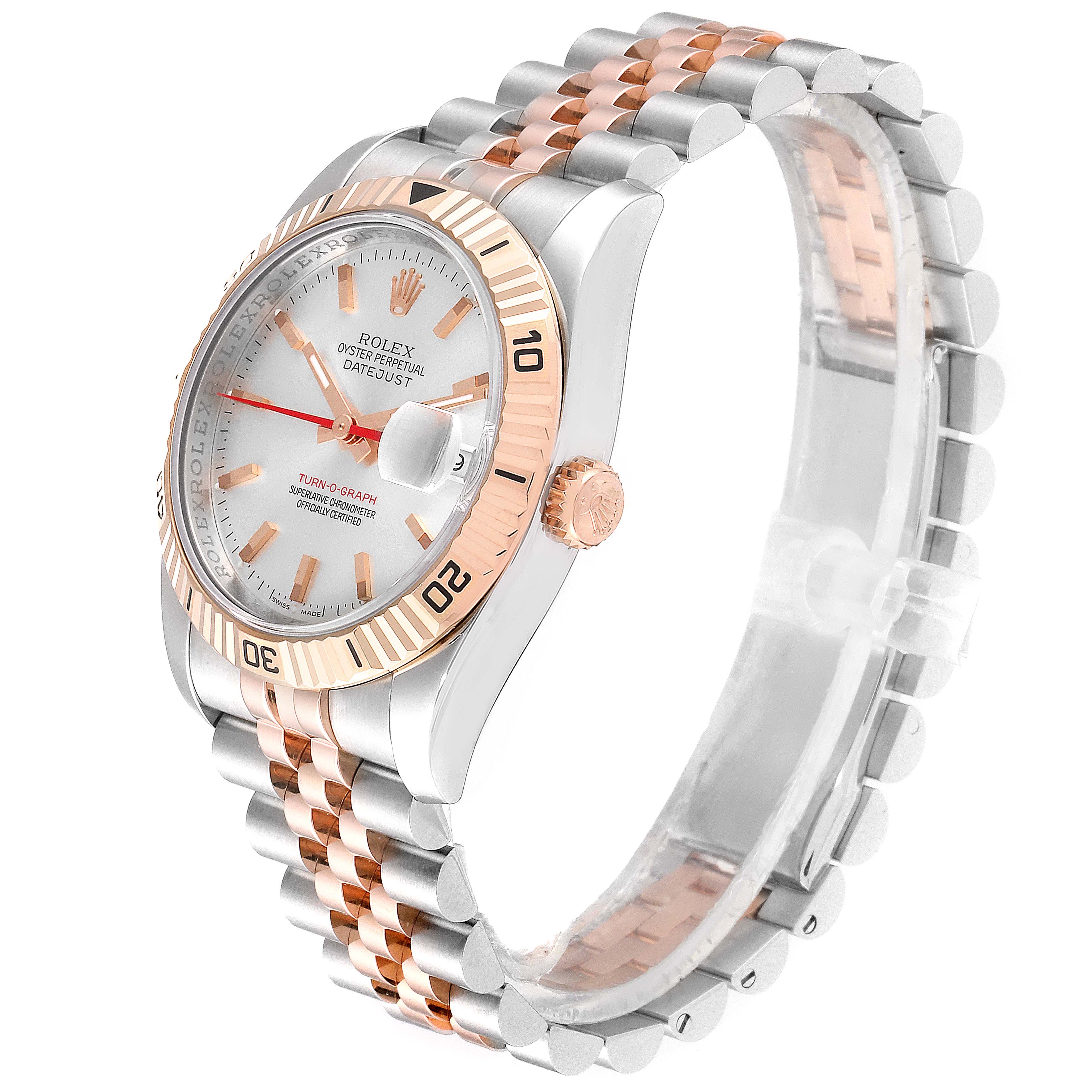 This image displays the Rolex Turn-o-Graph 116261 Men
s Steel and Gold (two tone) Silver Dial 116261 Men
s Steel and Gold (two tone) Silver Dial watch at an oblique angle, highlighting its bezel, dial, crown, and jubilee bracelet.