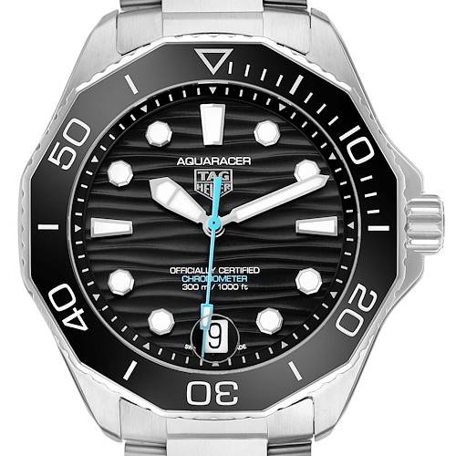 The Tag Heuer Aquaracer WBP5110.BA0013 Men's Stainless Steel Black Dial is shown from a front angle, highlighting the bezel, dial, hands, and date window.