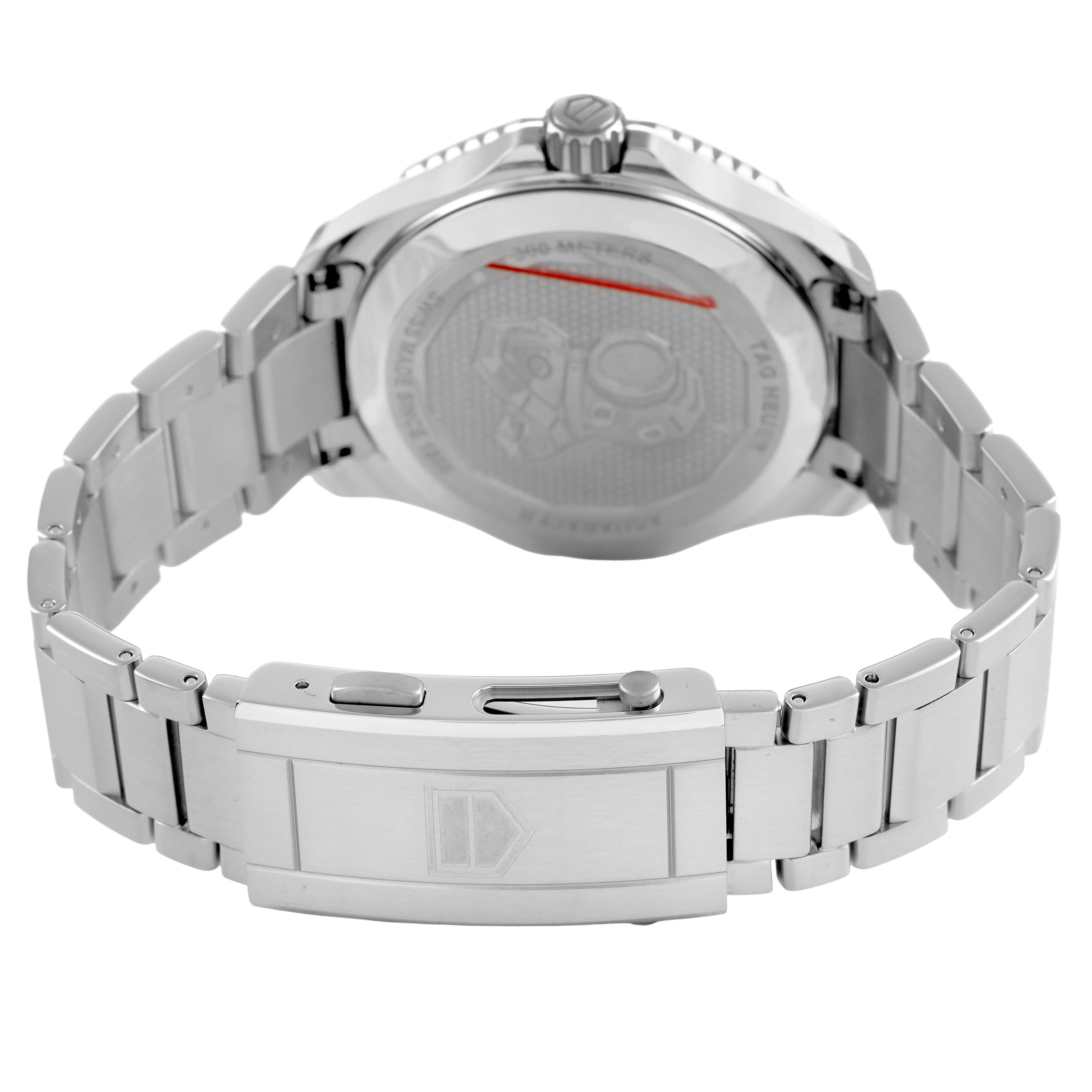 The image shows the backside and bracelet of the Tag Heuer Aquaracer WBP5110.BA0013 Men's Stainless Steel Black Dial, focusing on the clasp and case back.