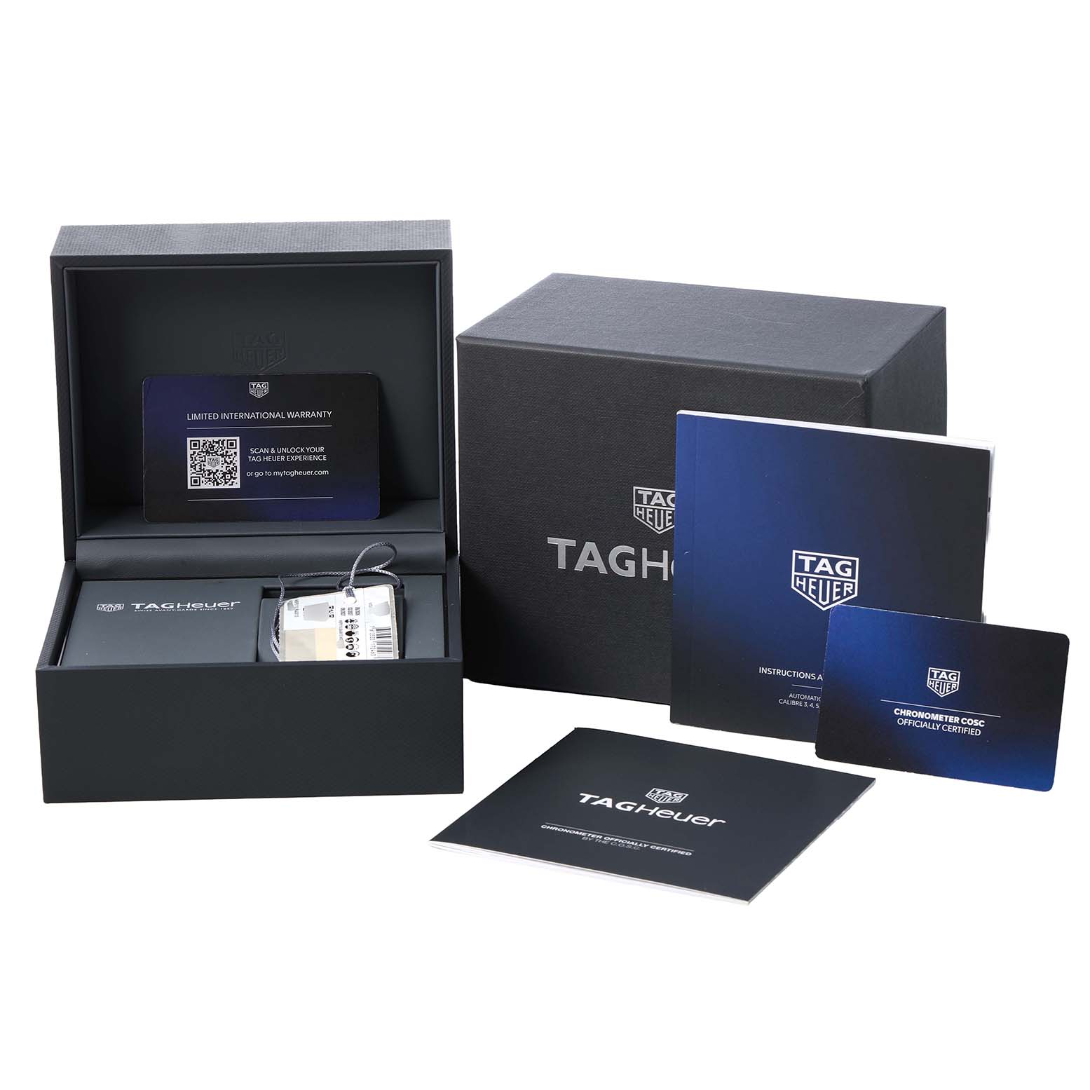 The Tag Heuer Aquaracer WBP5110.BA0013 Men's Stainless Steel Black Dial packaging is shown at an angle, featuring the box, warranty cards, and manuals.