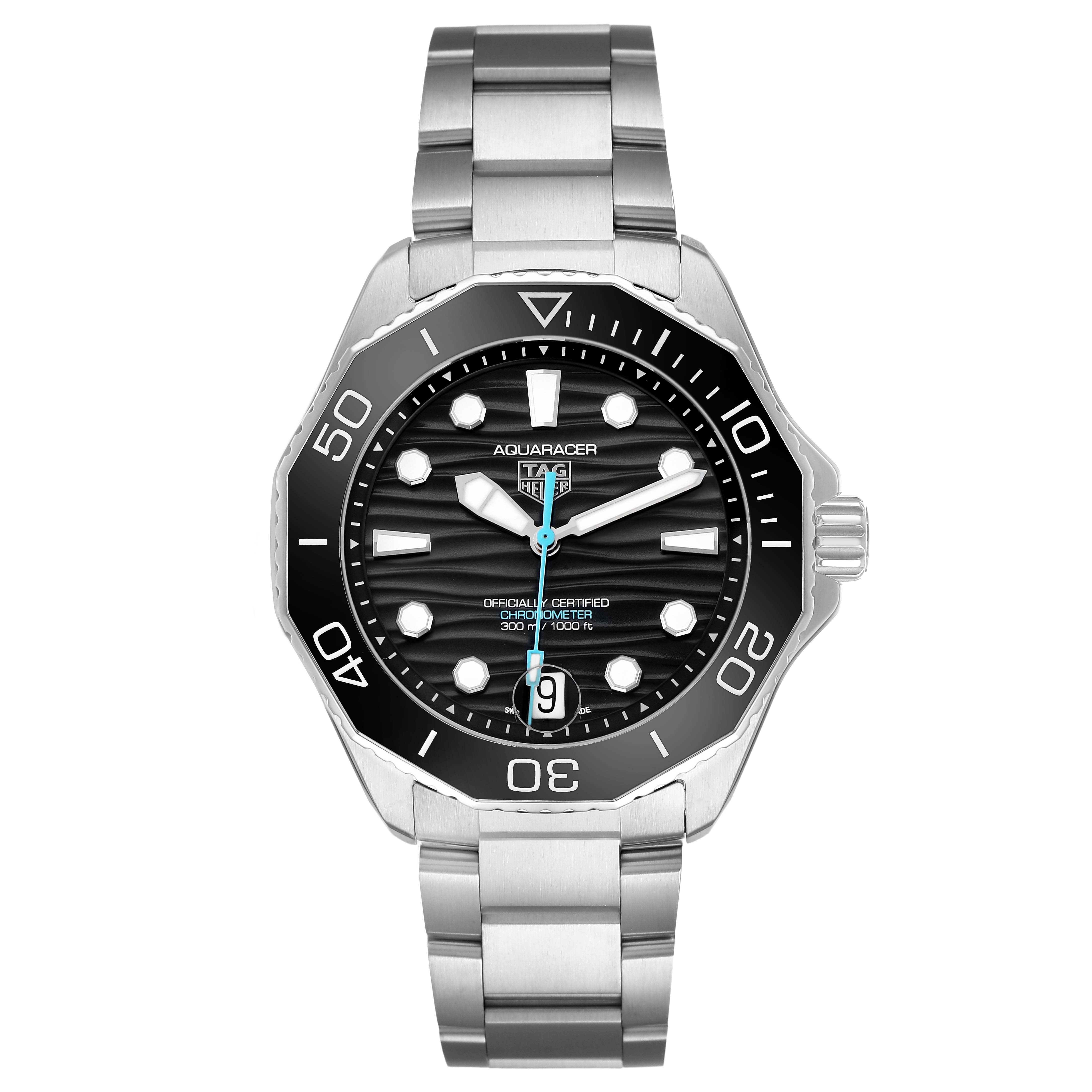 The image shows a front view of the Tag Heuer Aquaracer WBP5110.BA0013 Men's Stainless Steel Black Dial, highlighting the black dial, bezel, and stainless steel bracelet.