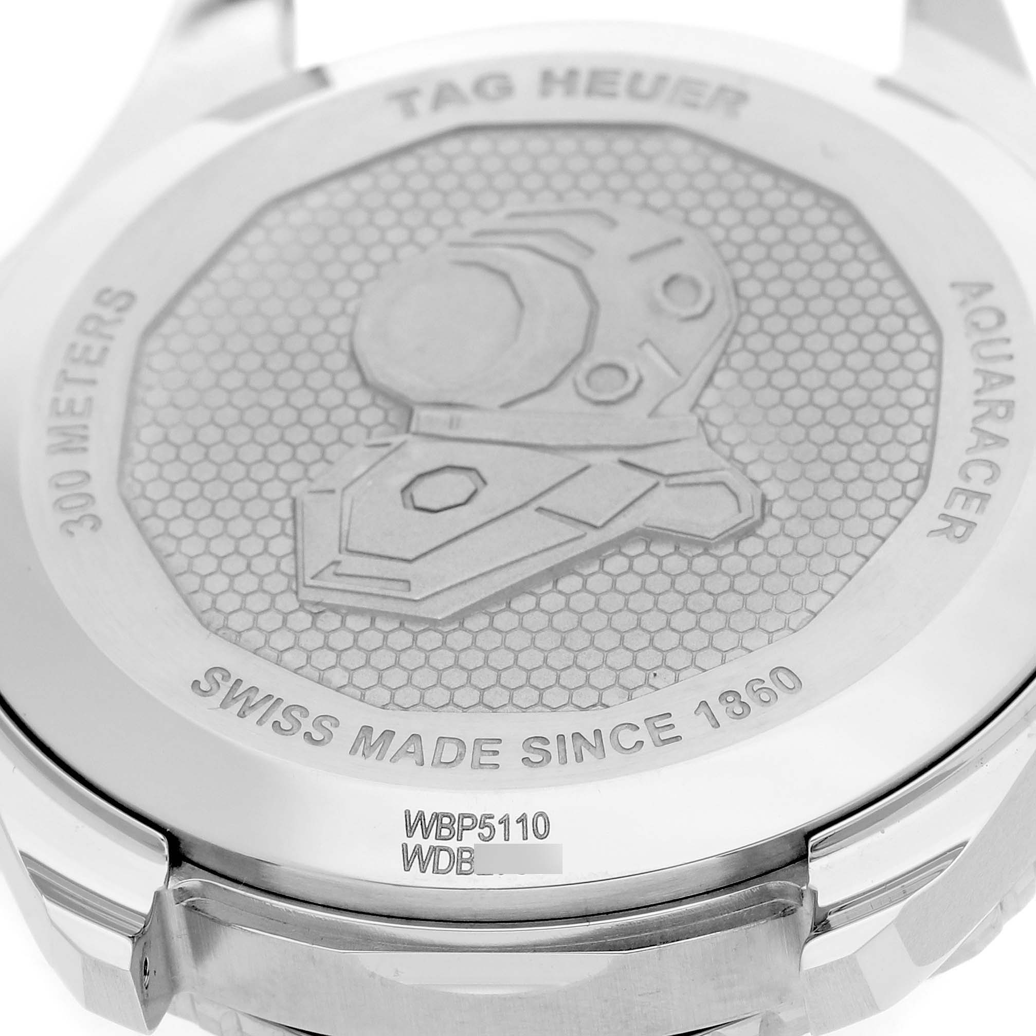 The image shows the back case of the Tag Heuer Aquaracer WBP5110.BA0013 Men's Stainless Steel Black Dial watch, displaying the engraved design and text details.