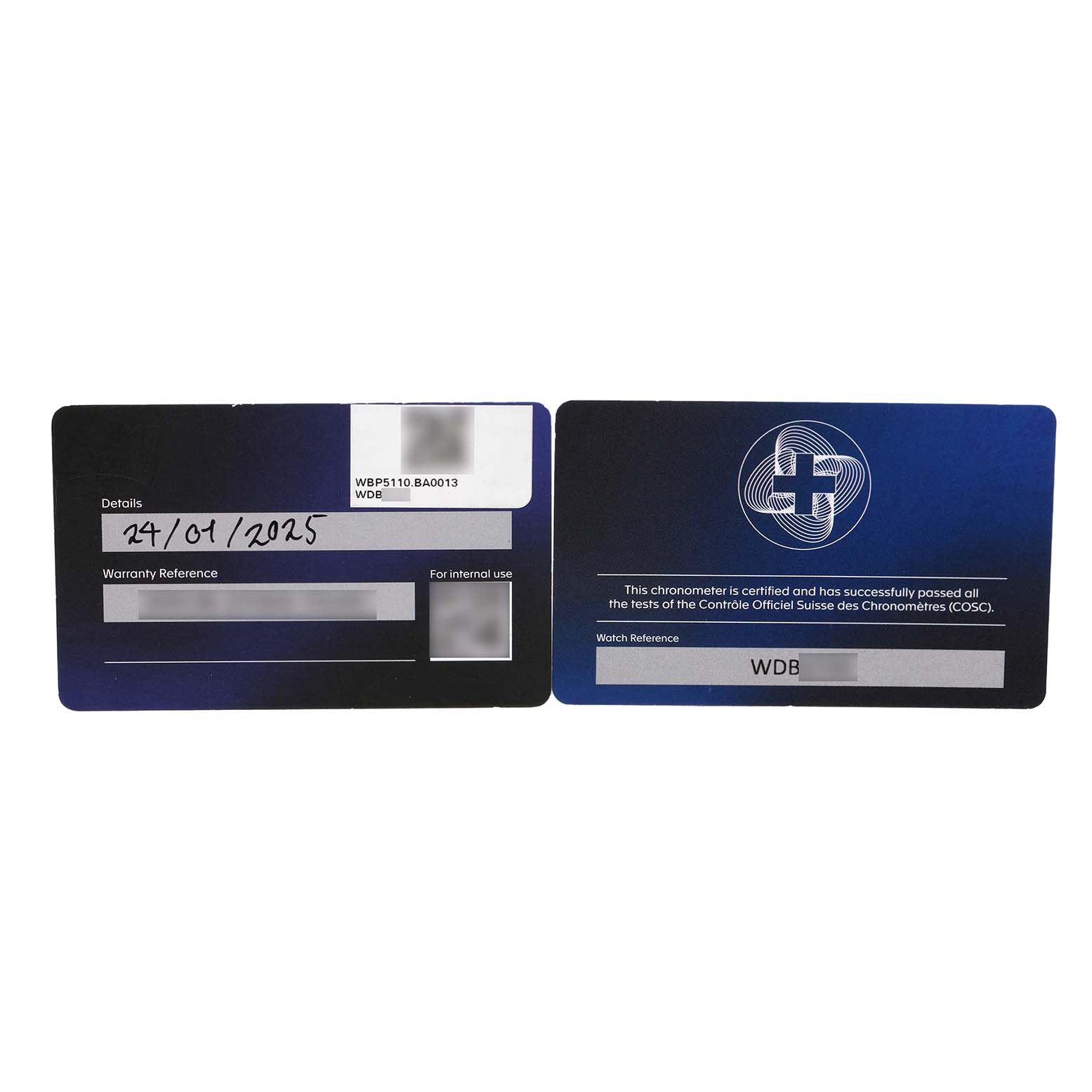 The image shows warranty cards for a Tag Heuer Aquaracer WBP5110.BA0013 Men's Stainless Steel Black Dial watch, displaying certification and watch reference details.