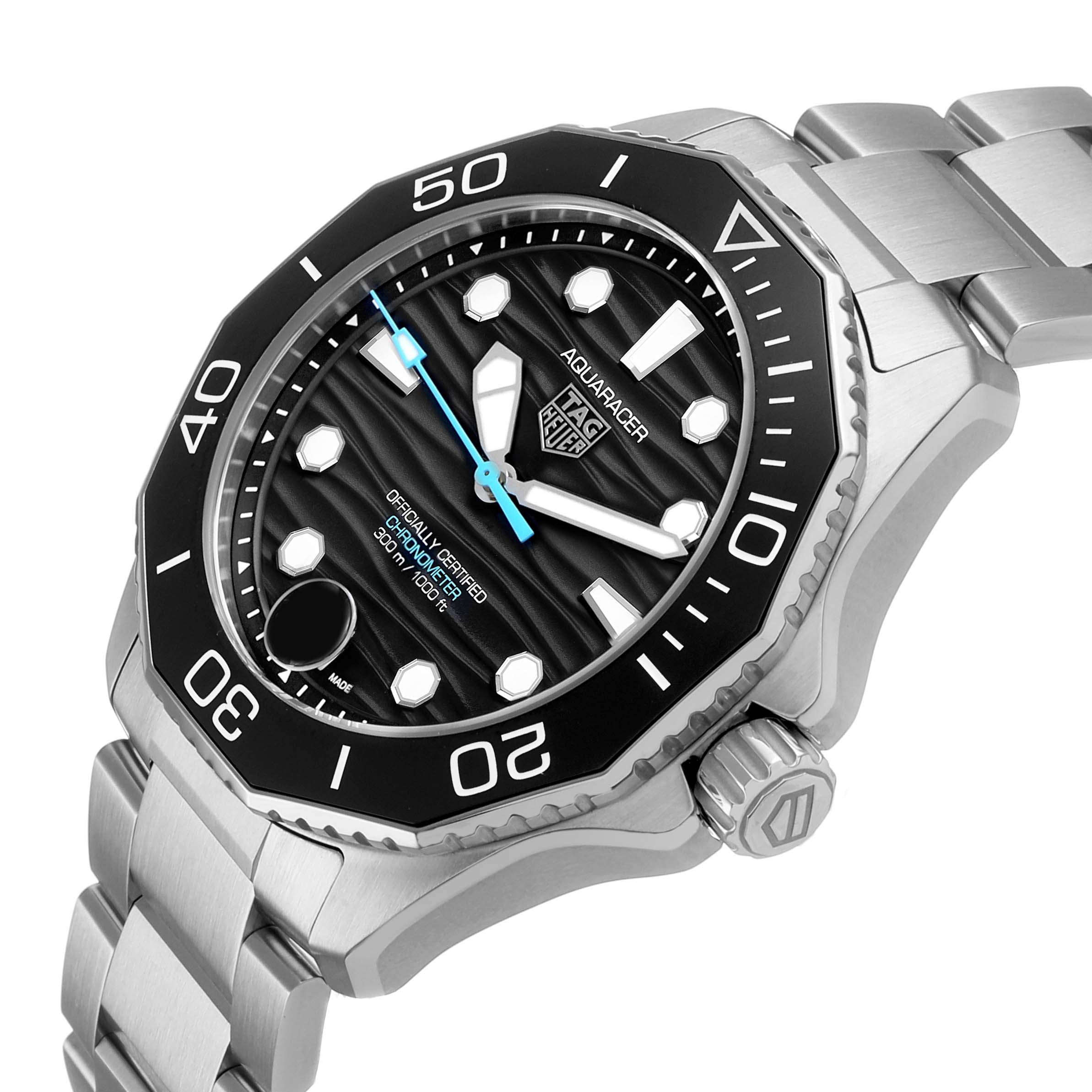 The Tag Heuer Aquaracer WBP5110.BA0013 Men's Stainless Steel Black Dial watch is shown at an angled close-up, highlighting the bezel, dial, crown, and part of the bracelet.