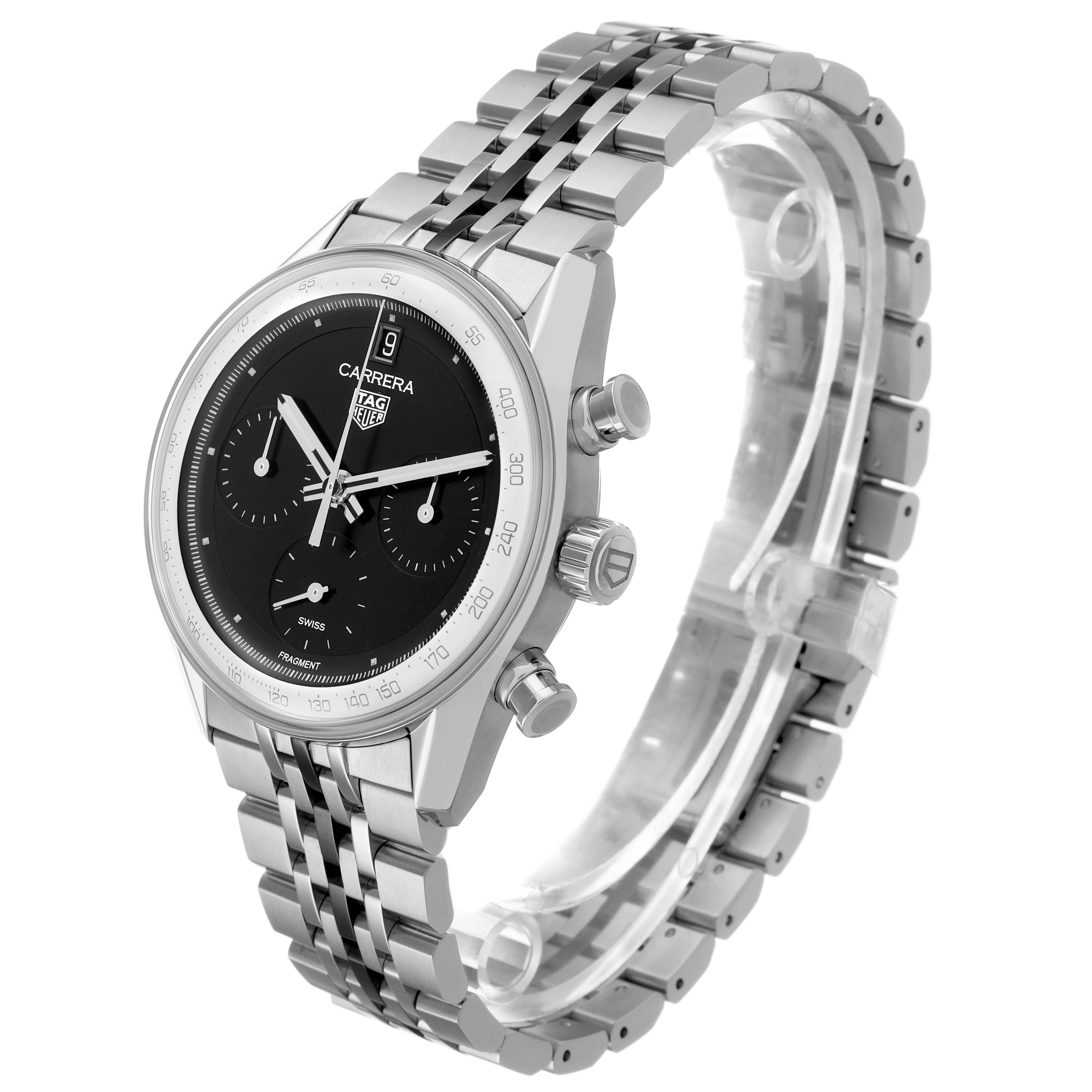 The Tag Heuer Carrera CBS221B.BA0045 Men's Stainless Steel Black Dial watch is shown at a 3/4 angle, displaying the dial, bezel, pushers, crown, and bracelet.
