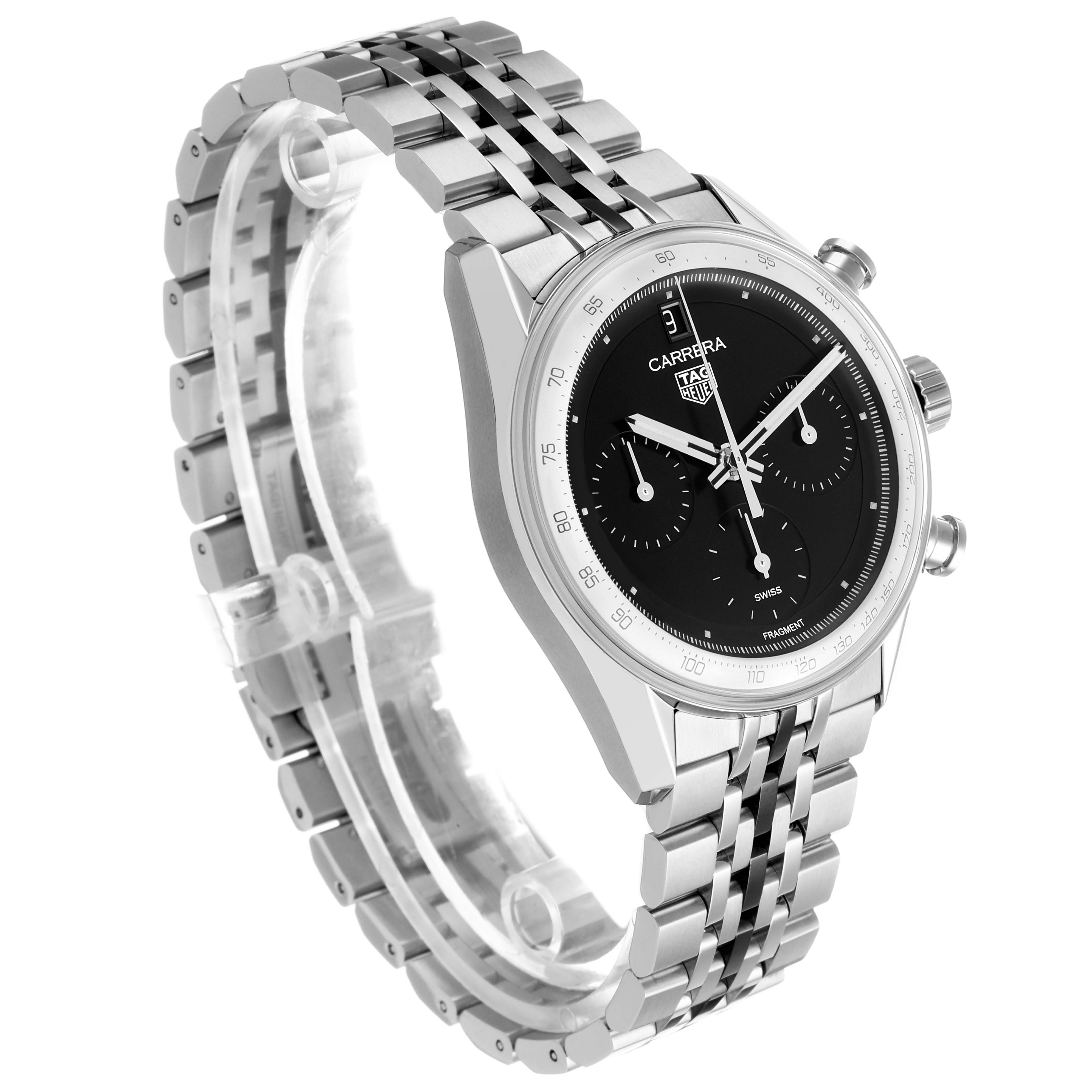 The Tag Heuer Carrera CBS221B.BA0045 Men's Stainless Steel Black Dial watch is shown at an angled side view, highlighting the bracelet, case, and chronograph dials.