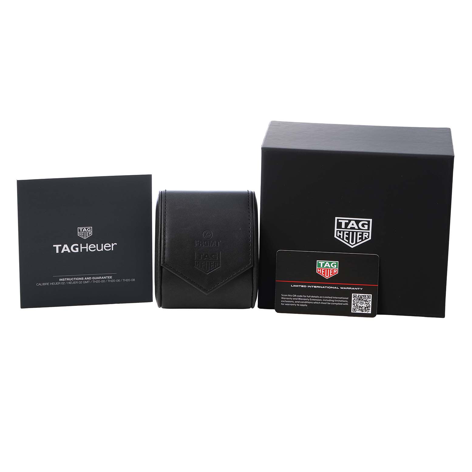 The image shows a Tag Heuer Carrera CBS221B.BA0045 Men's Stainless Steel Black Dial watch box, a leather case, a warranty card, and an instruction manual.