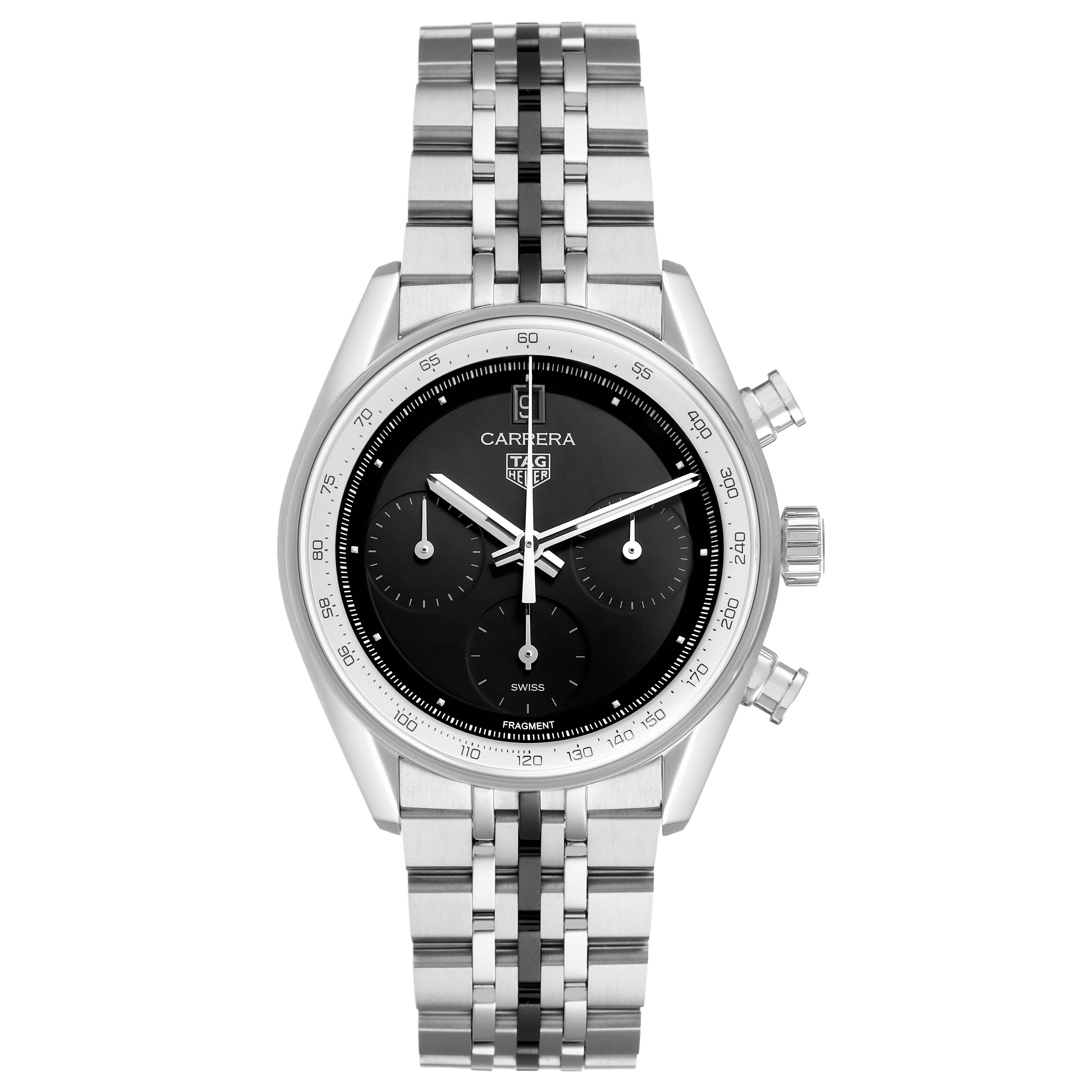 The Tag Heuer Carrera CBS221B.BA0045 Men's Stainless Steel Black Dial watch is shown from a top-down angle, highlighting the dial, bezel, and bracelet.