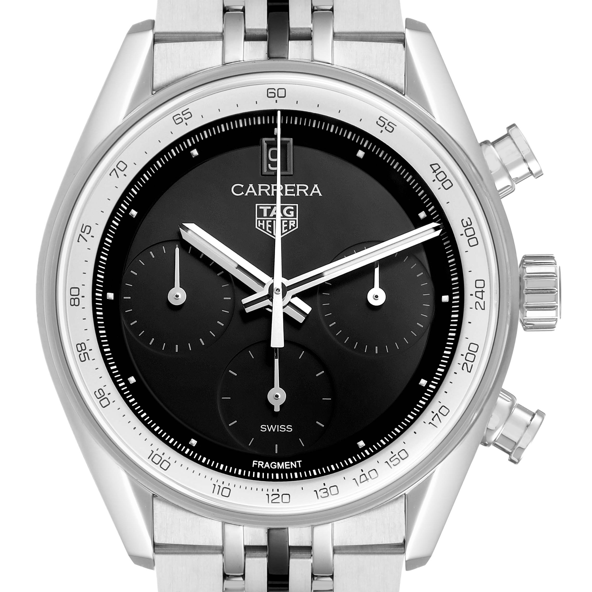 The image shows a front view of a Tag Heuer Carrera CBS221B.BA0045 Men's Stainless Steel Black Dial watch, highlighting its dial, chronograph subdials, and side buttons.