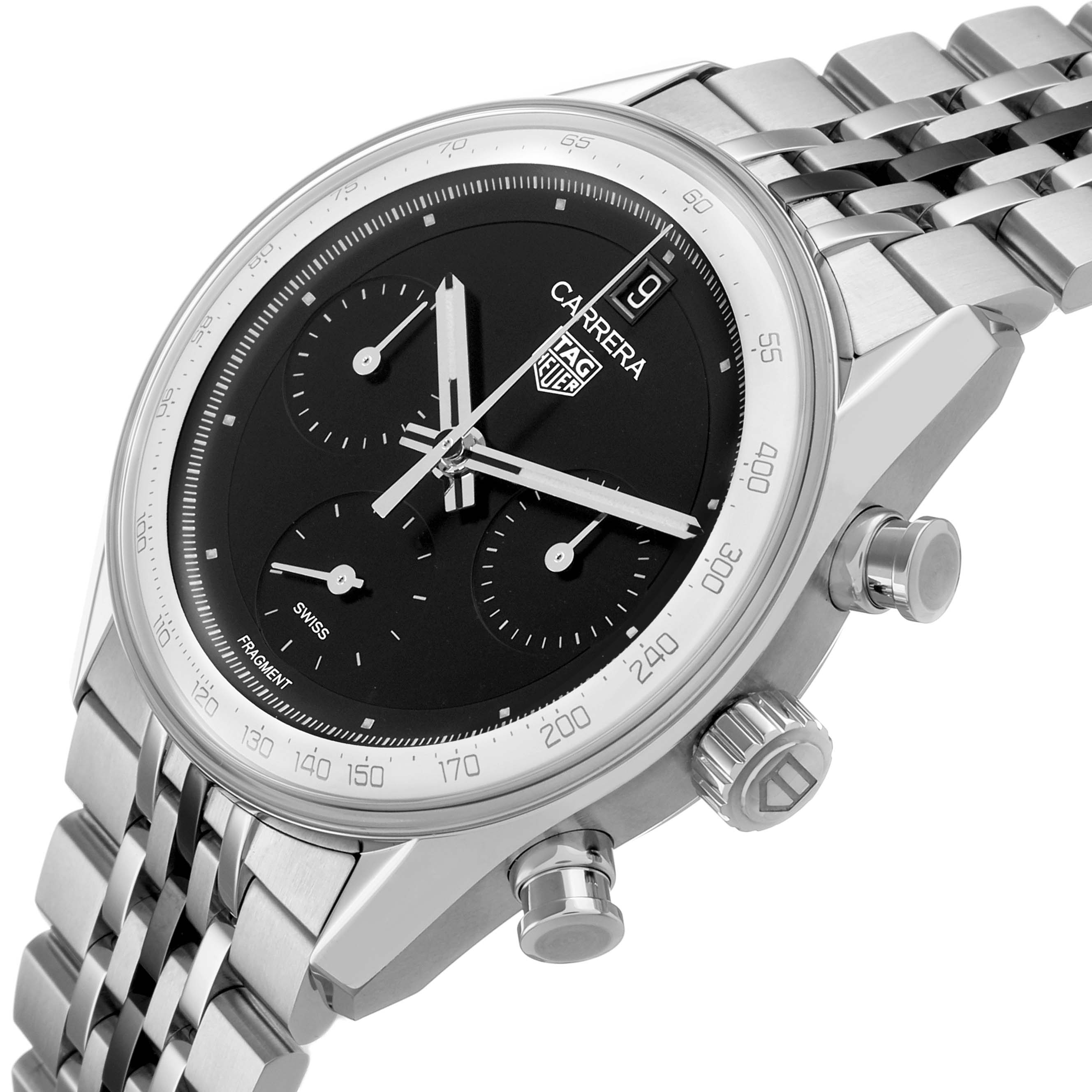 The image shows a Tag Heuer Carrera CBS221B.BA0045 Men's Stainless Steel Black Dial watch from a three-quarter angle, highlighting the watch face, bezel, crown, and bracelet.