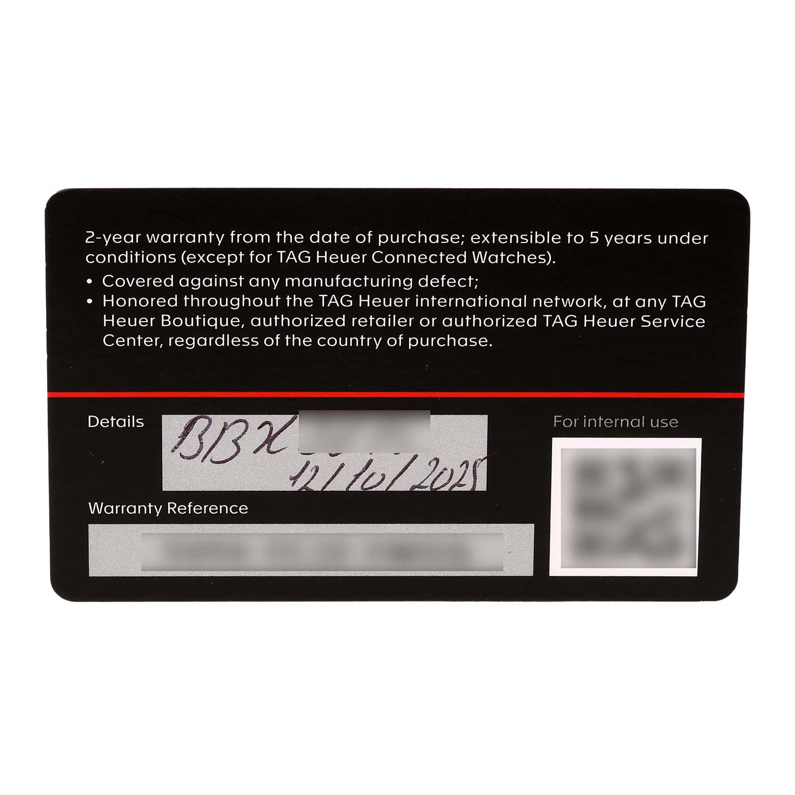 The image shows a warranty card for a Tag Heuer Carrera CBS221B.BA0045 Men's Stainless Steel Black Dial model, including purchase details and warranty information.