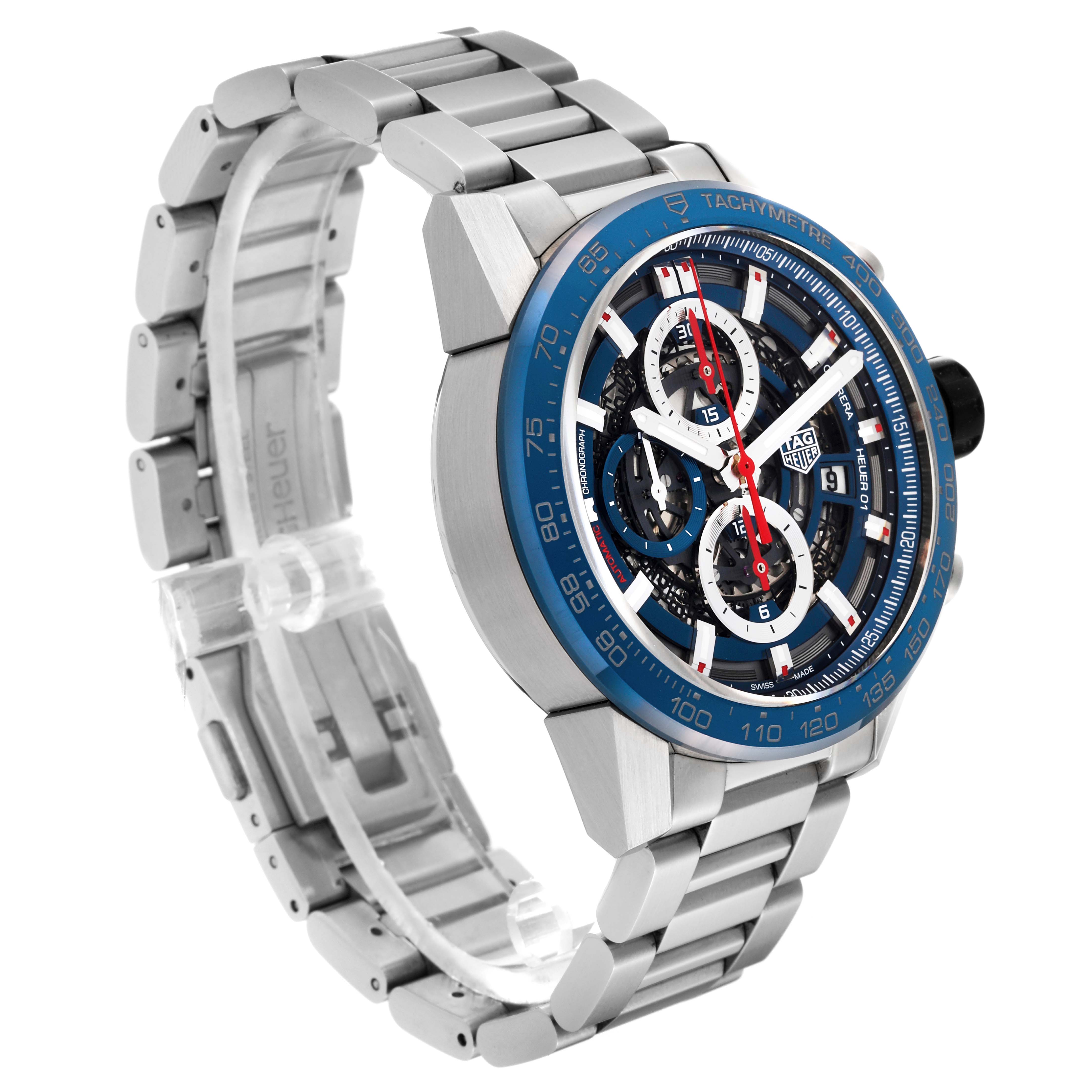 The image displays a Tag Heuer Carrera CAR201T Men's Stainless Steel Blue Dial CAR201T Men's Stainless Steel Blue Dial watch from a three-quarter angle, highlighting the face, bezel, and bracelet.