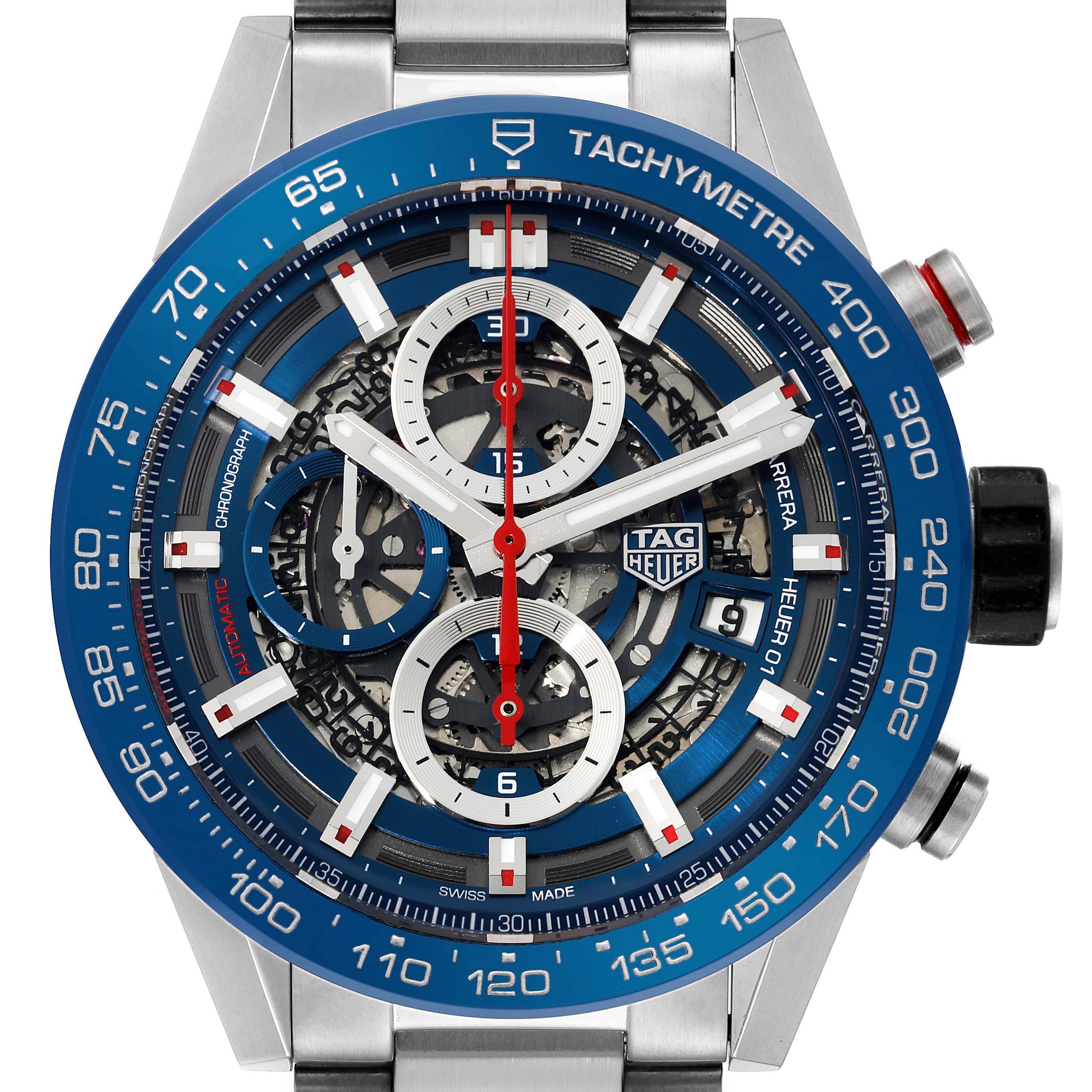 This image shows a close-up front view of the Tag Heuer Carrera CAR201T Men's Stainless Steel Blue Dial CAR201T Men's Stainless Steel Blue Dial model watch, highlighting its dial and tachymeter bezel.