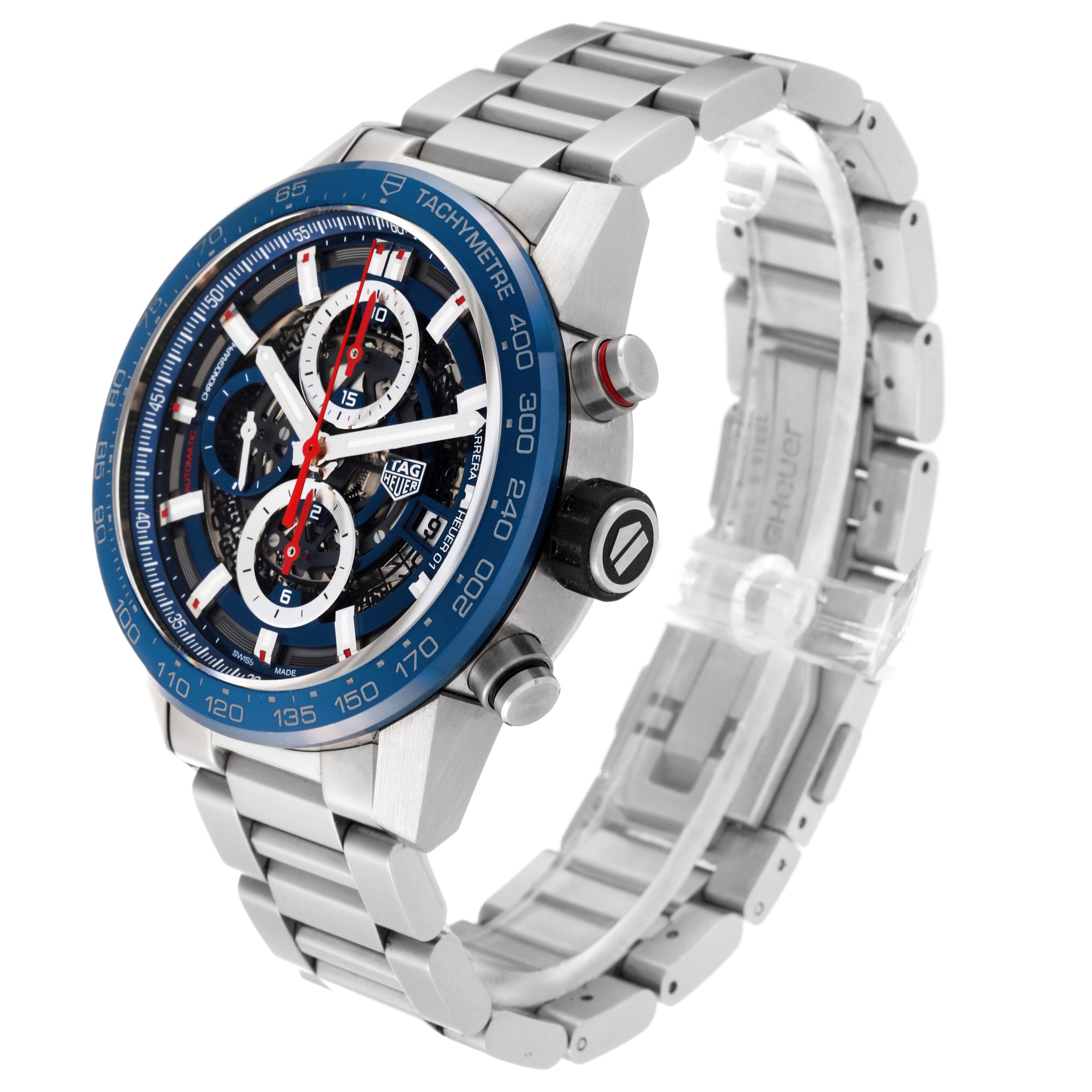 The image shows a Tag Heuer Carrera CAR201T Men's Stainless Steel Blue Dial CAR201T Men's Stainless Steel Blue Dial watch at a three-quarter angle, highlighting the detailed face and metallic bracelet.