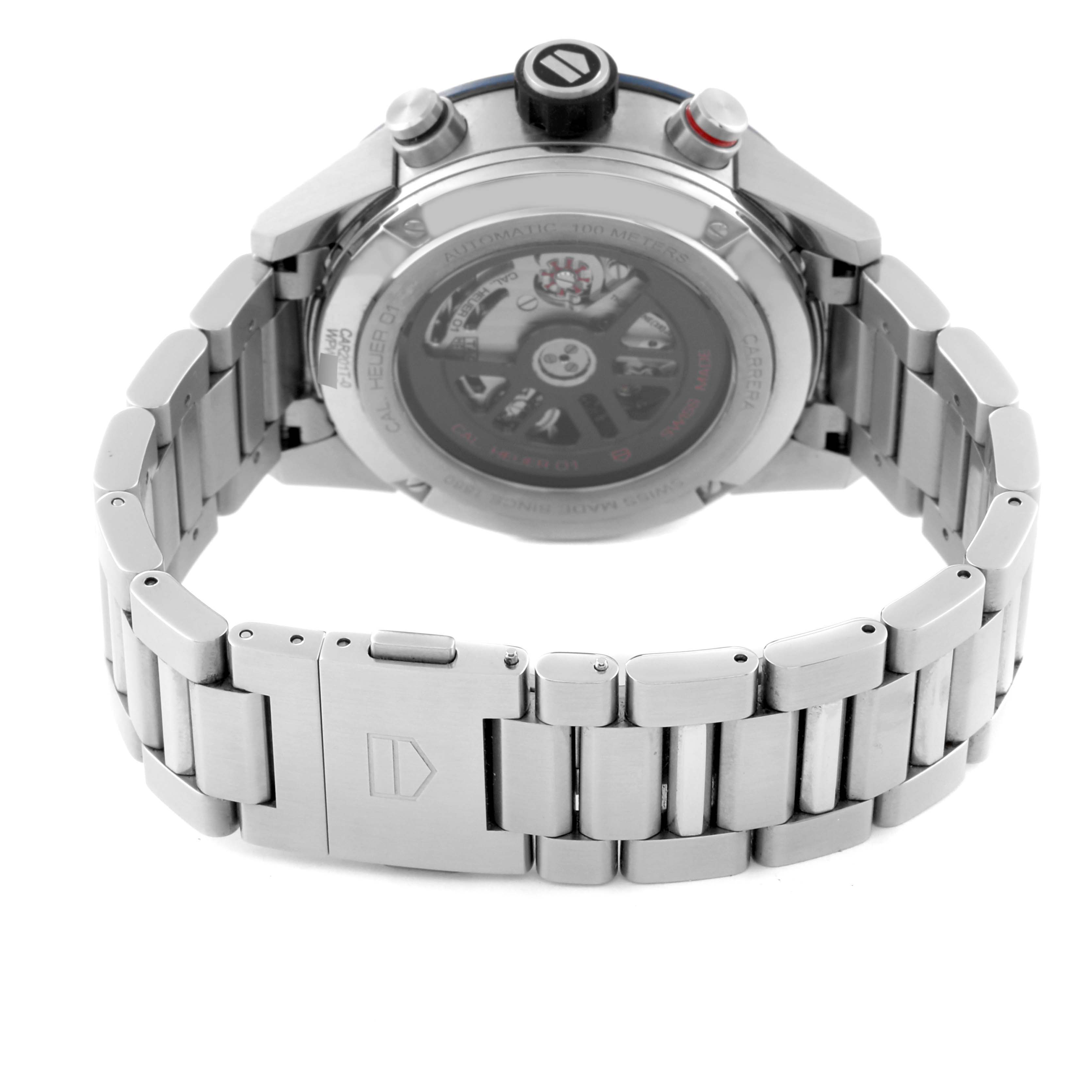 The image shows the back view of a Tag Heuer Carrera CAR201T Men's Stainless Steel Blue Dial CAR201T Men's Stainless Steel Blue Dial model watch, highlighting the stainless steel bracelet and case back.