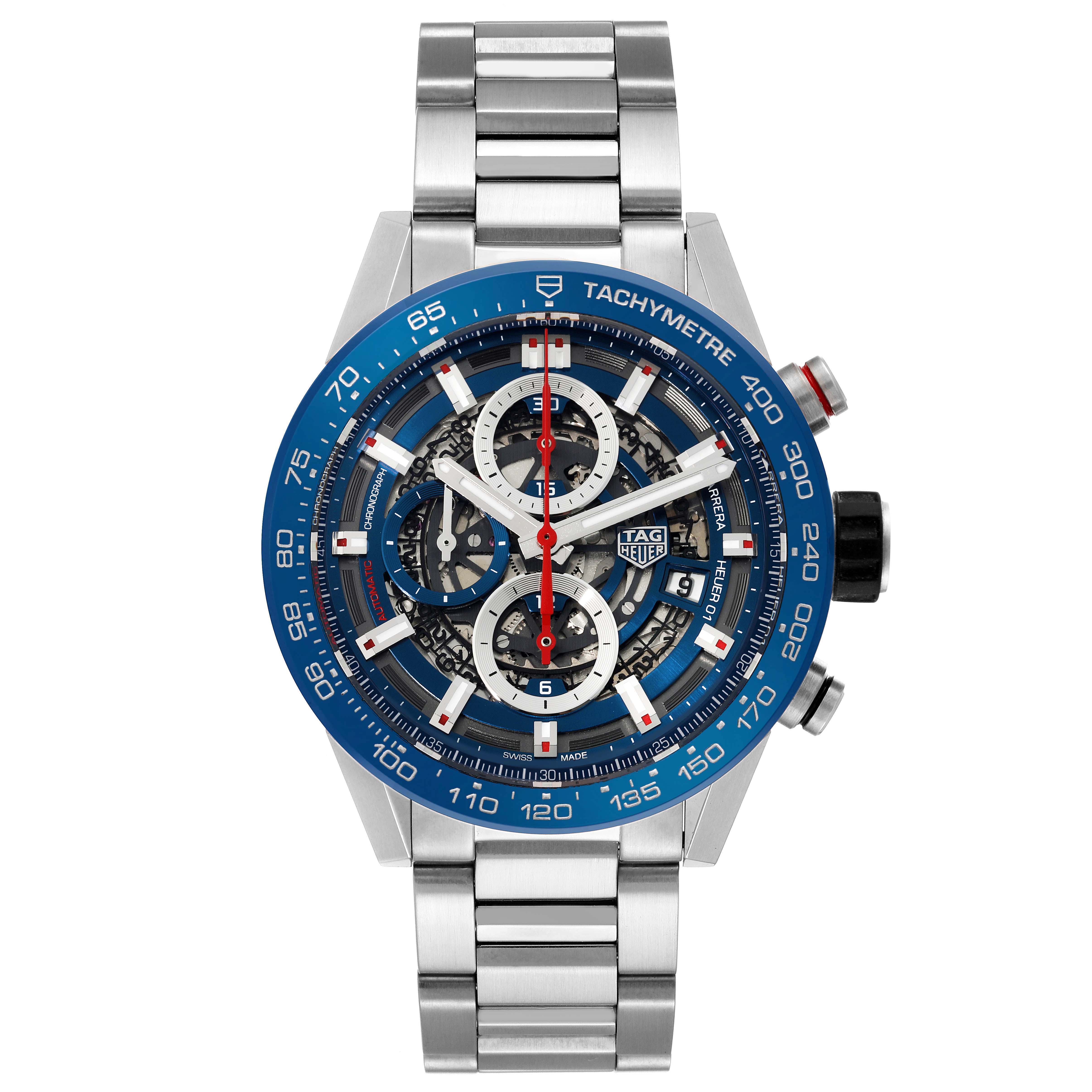 This is a front view of the Tag Heuer Carrera CAR201T Men's Stainless Steel Blue Dial CAR201T Men's Stainless Steel Blue Dial watch, showcasing its face, stainless steel bracelet, and blue tachymeter bezel.