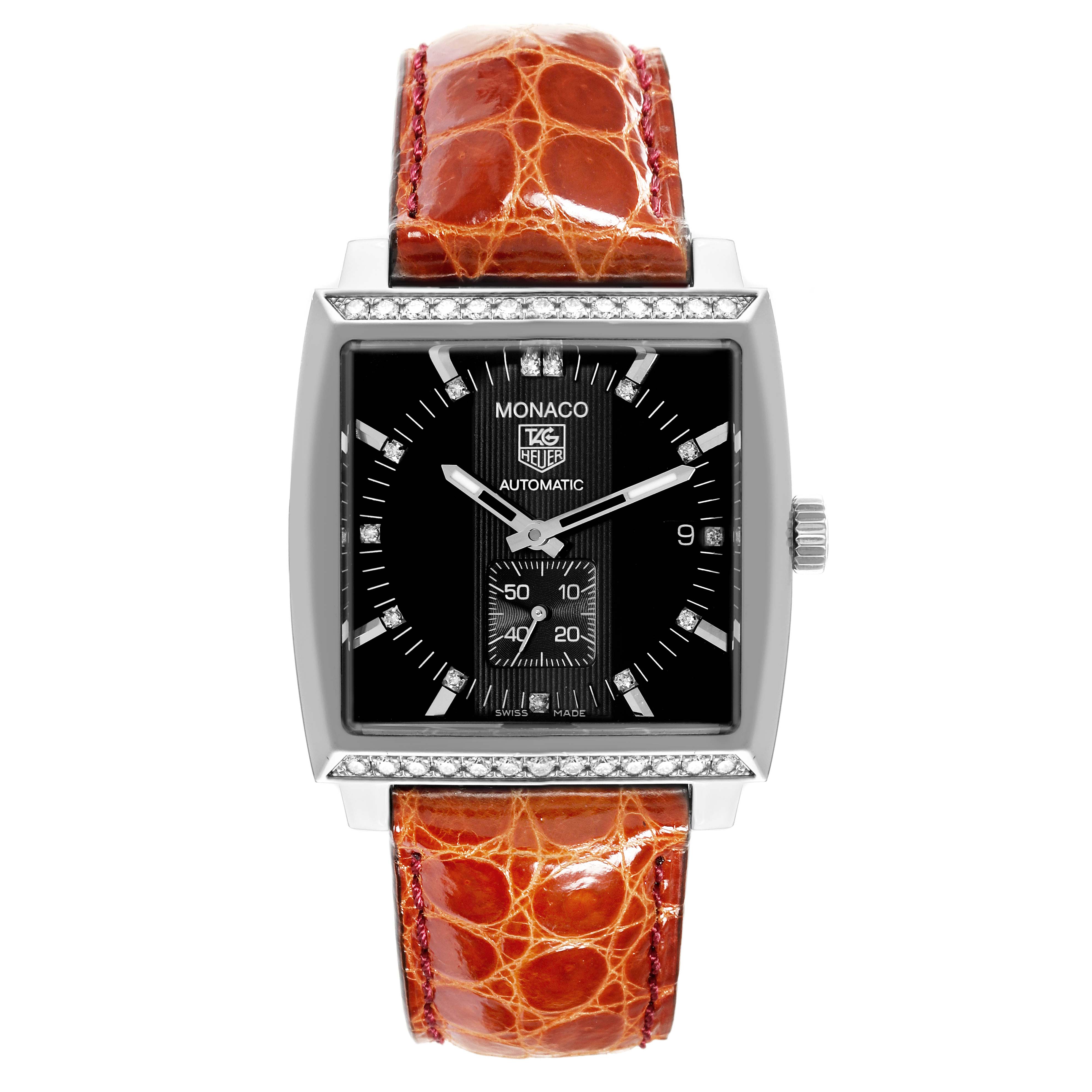 The Tag Heuer Monaco 63480 Men's Stainless Steel Black Dial 63480 Men's Stainless Steel Black Dial watch is shown from the front, displaying the face, case, and leather strap.