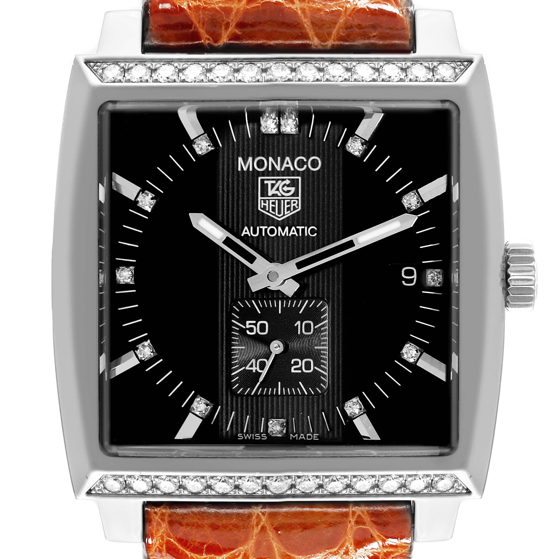The Tag Heuer Monaco 63480 Men's Stainless Steel Black Dial 63480 Men's Stainless Steel Black Dial watch is shown from a front angle, displaying the dial, hands, and crown.