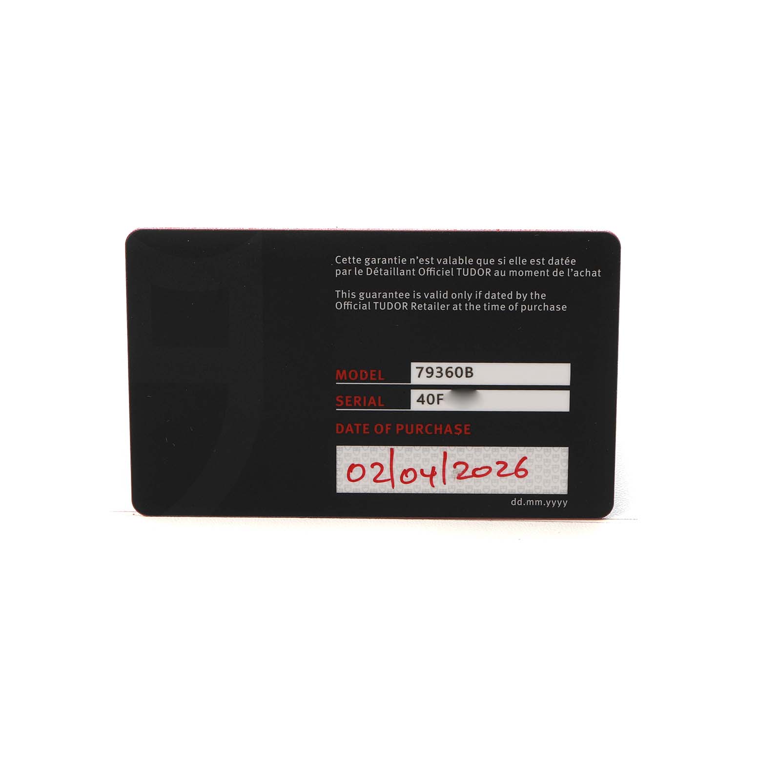 The image shows a warranty card for the Tudor Heritage Chrono M79360B-0002 Men's Stainless Steel Blue Dial model, displaying the model number, serial, and purchase date.