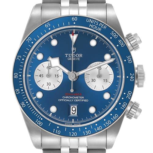 The Tudor Heritage Chrono M79360B-0002 Men's Stainless Steel Blue Dial watch is shown from the front, displaying its blue dial, subdials, and stainless steel bracelet.
