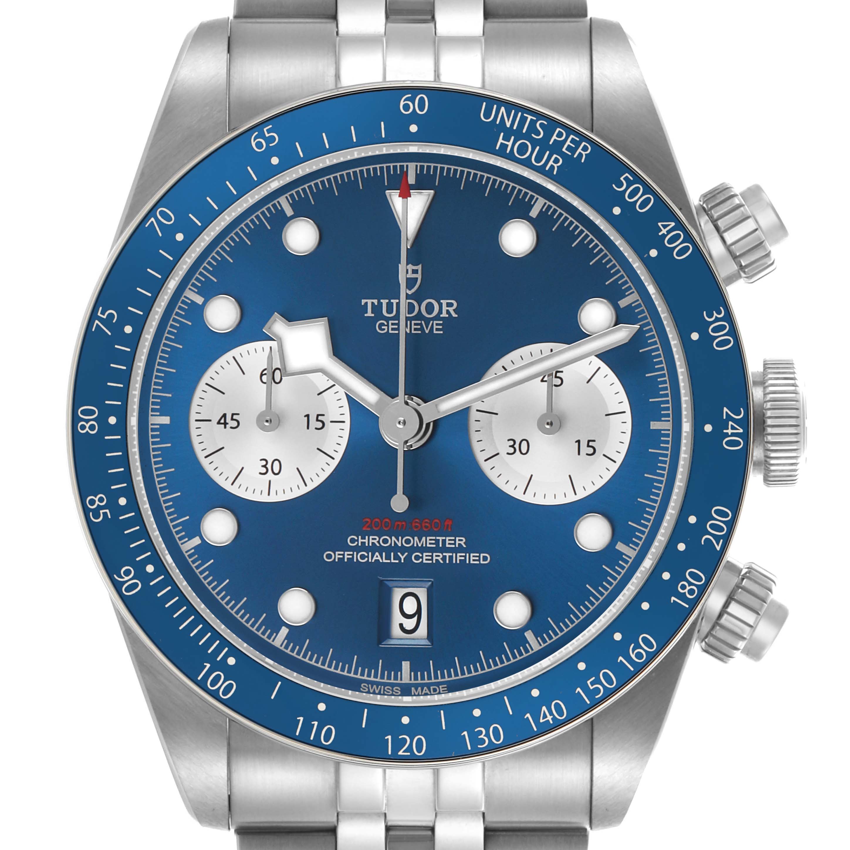 The image shows a frontal view of the Tudor Heritage Chrono M79360B-0002 Men's Stainless Steel Blue Dial watch, highlighting its blue dial and subdials.
