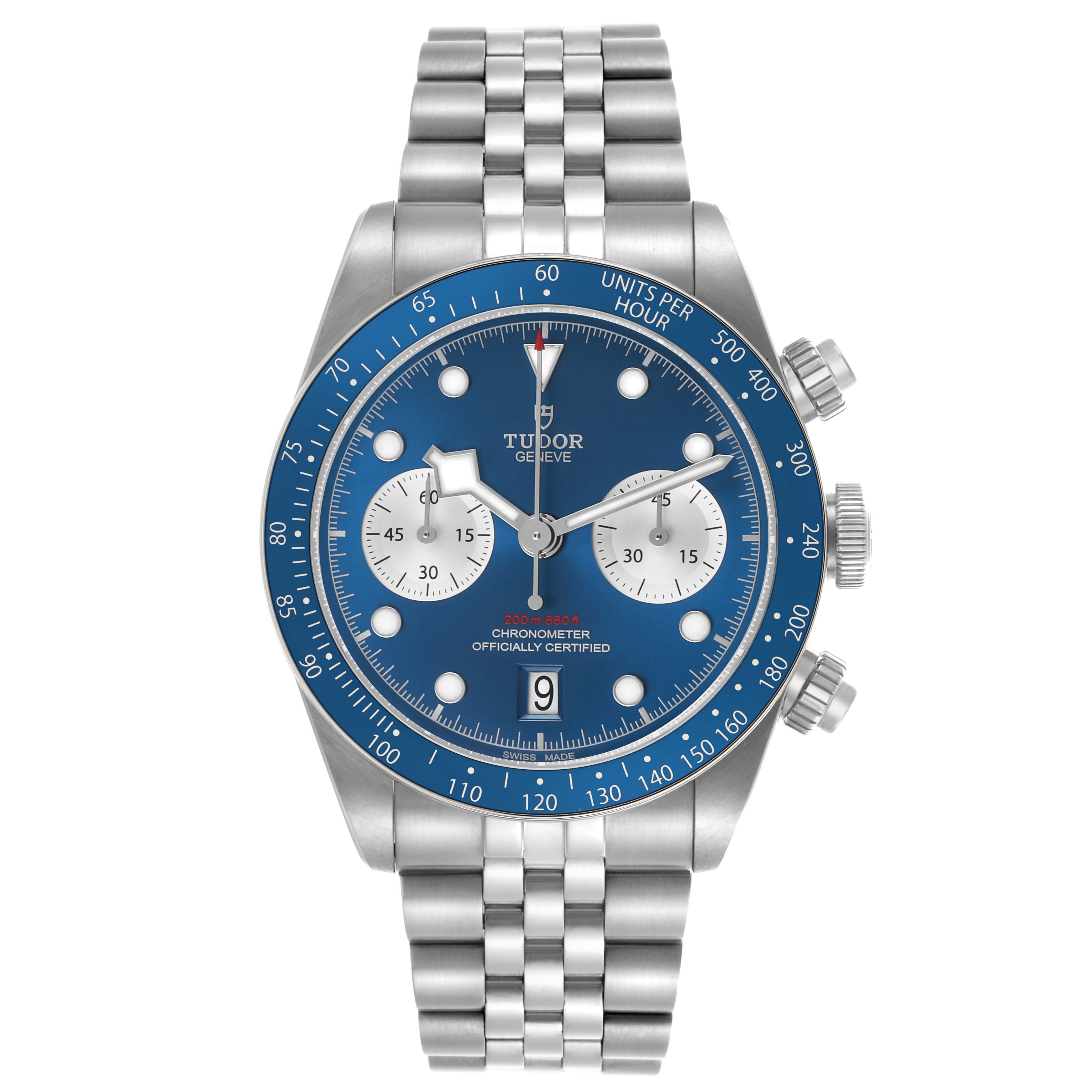 The image shows a front view of the Tudor Heritage Chrono M79360B-0002 Men's Stainless Steel Blue Dial watch, displaying its dial, bezel, and bracelet.