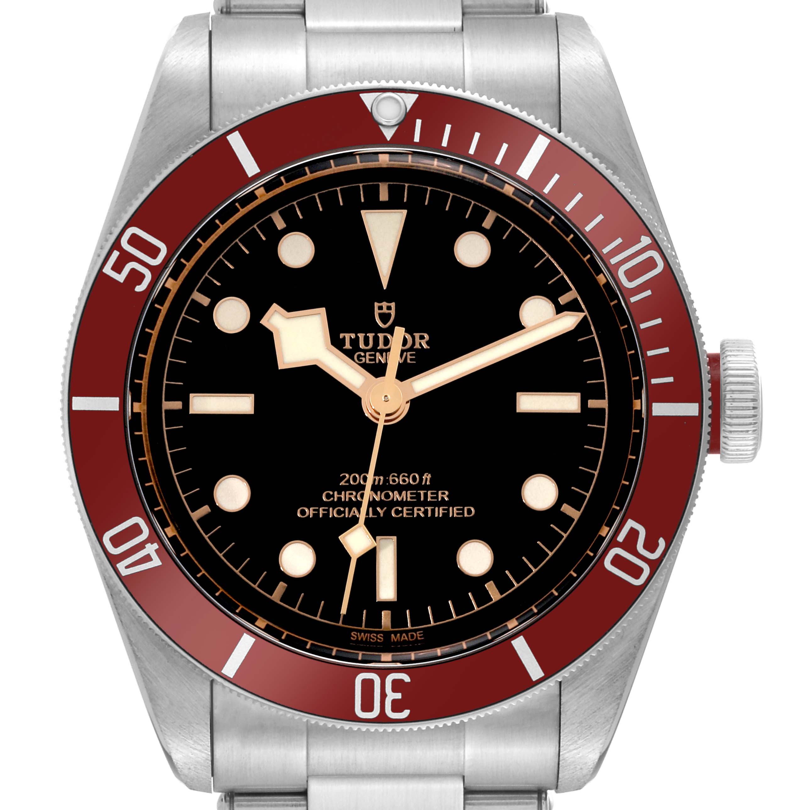 This image shows the front view of the Tudor Heritage Black Bay 79230R Men's Stainless Steel Black Dial 79230R Men's Stainless Steel Black Dial watch, featuring its face, bezel, and part of the bracelet.