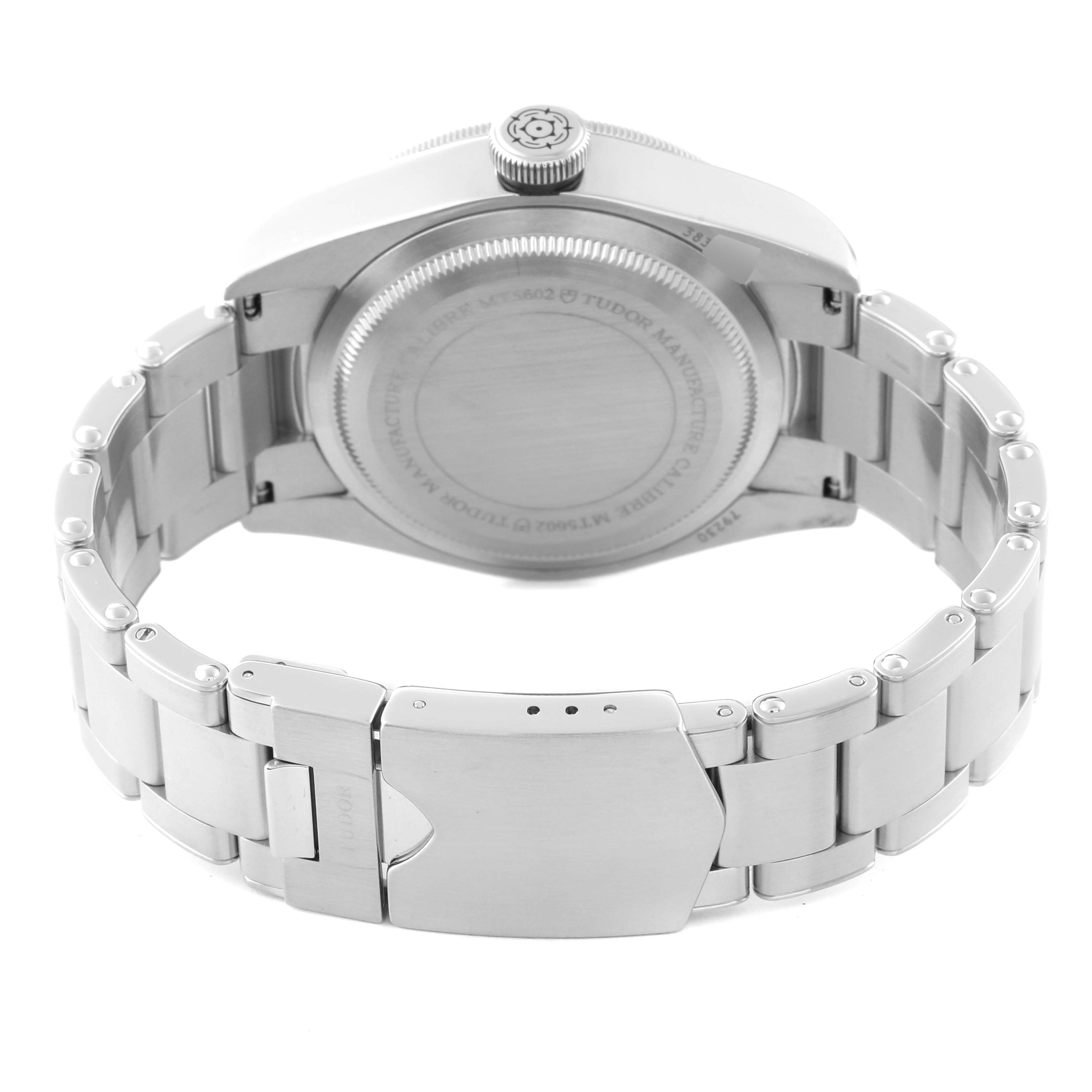 This image shows the case back and the bracelet clasp of the Tudor Heritage Black Bay 79230R Men's Stainless Steel Black Dial 79230R Men's Stainless Steel Black Dial watch from the rear angle.