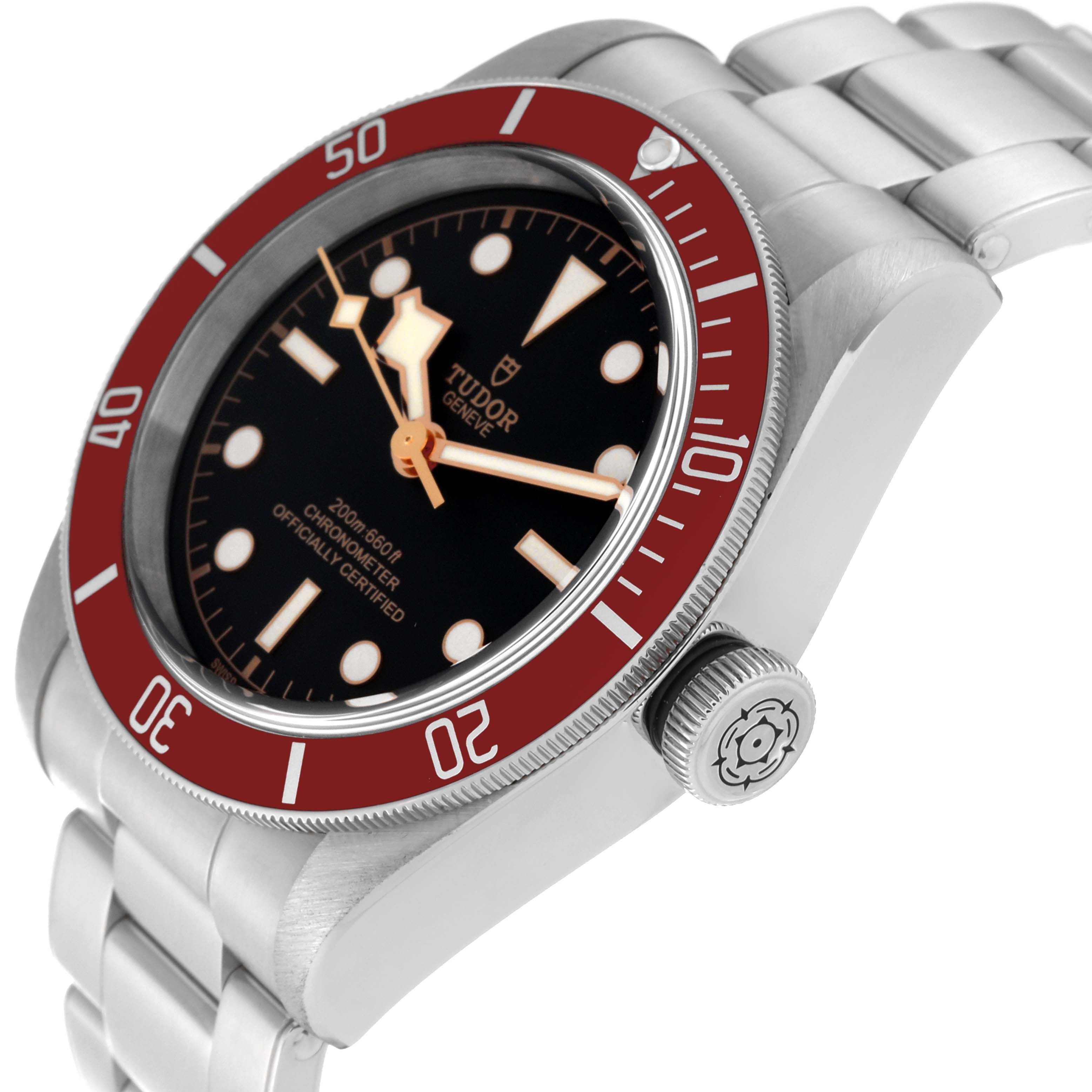 The image shows a tilted side view of the Tudor Heritage Black Bay 79230R Men's Stainless Steel Black Dial 79230R Men's Stainless Steel Black Dial watch, highlighting the bezel, dial, crown, and bracelet.