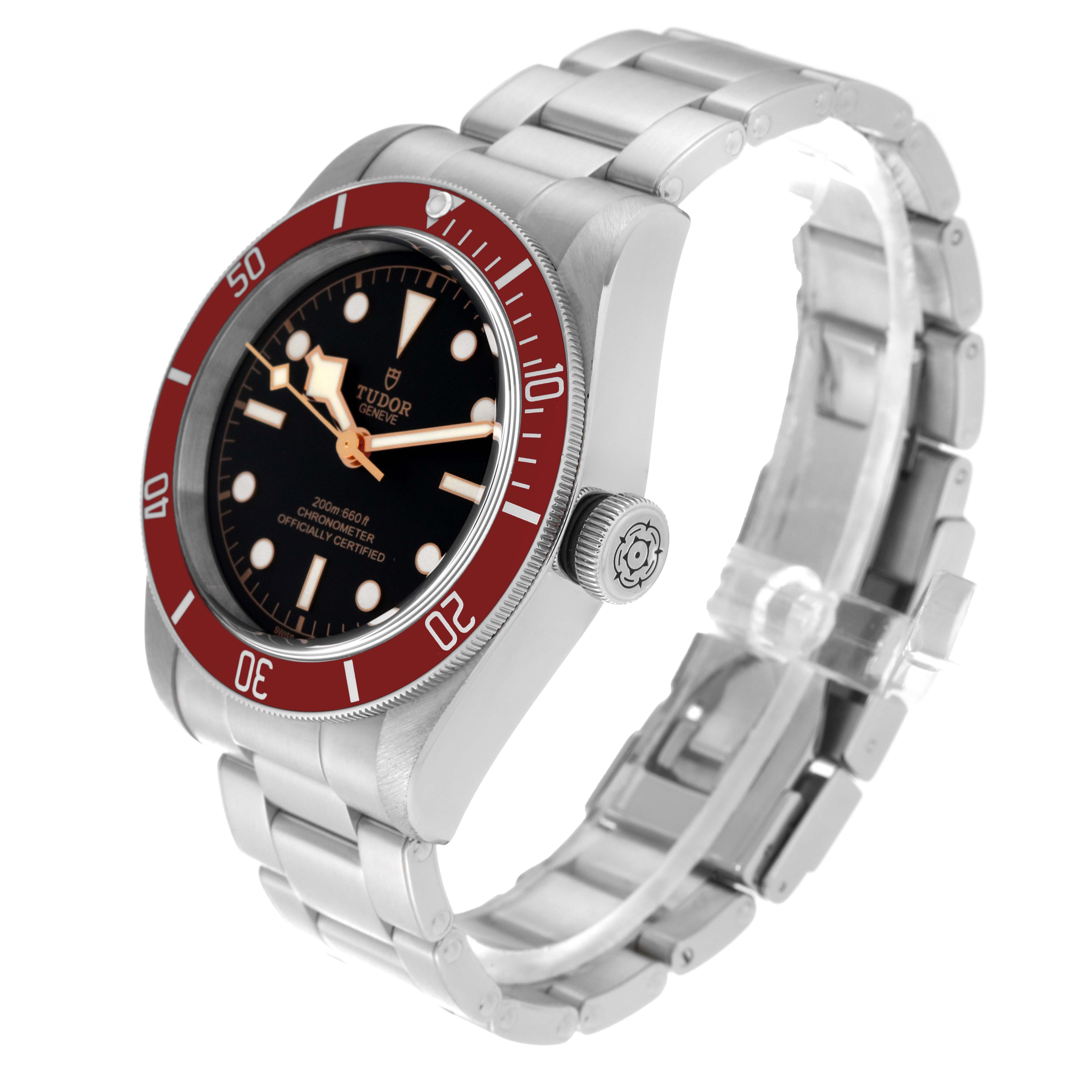 The Tudor Heritage Black Bay 79230R Men's Stainless Steel Black Dial 79230R Men's Stainless Steel Black Dial watch is shown at a three-quarter angle, displaying the dial, bezel, crown, and bracelet.