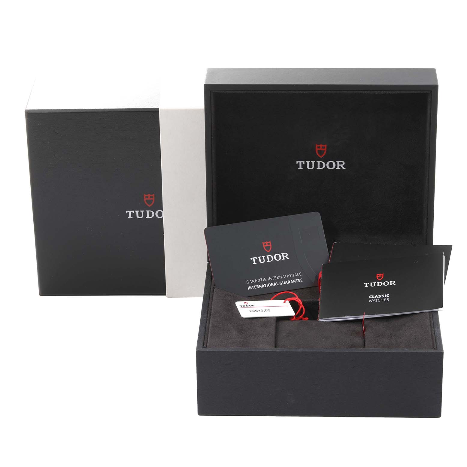 The image shows Tudor Heritage Black Bay 79230R Men's Stainless Steel Black Dial 79230R Men's Stainless Steel Black Dial watch packaging, including a presentation box, warranty card, and booklet.