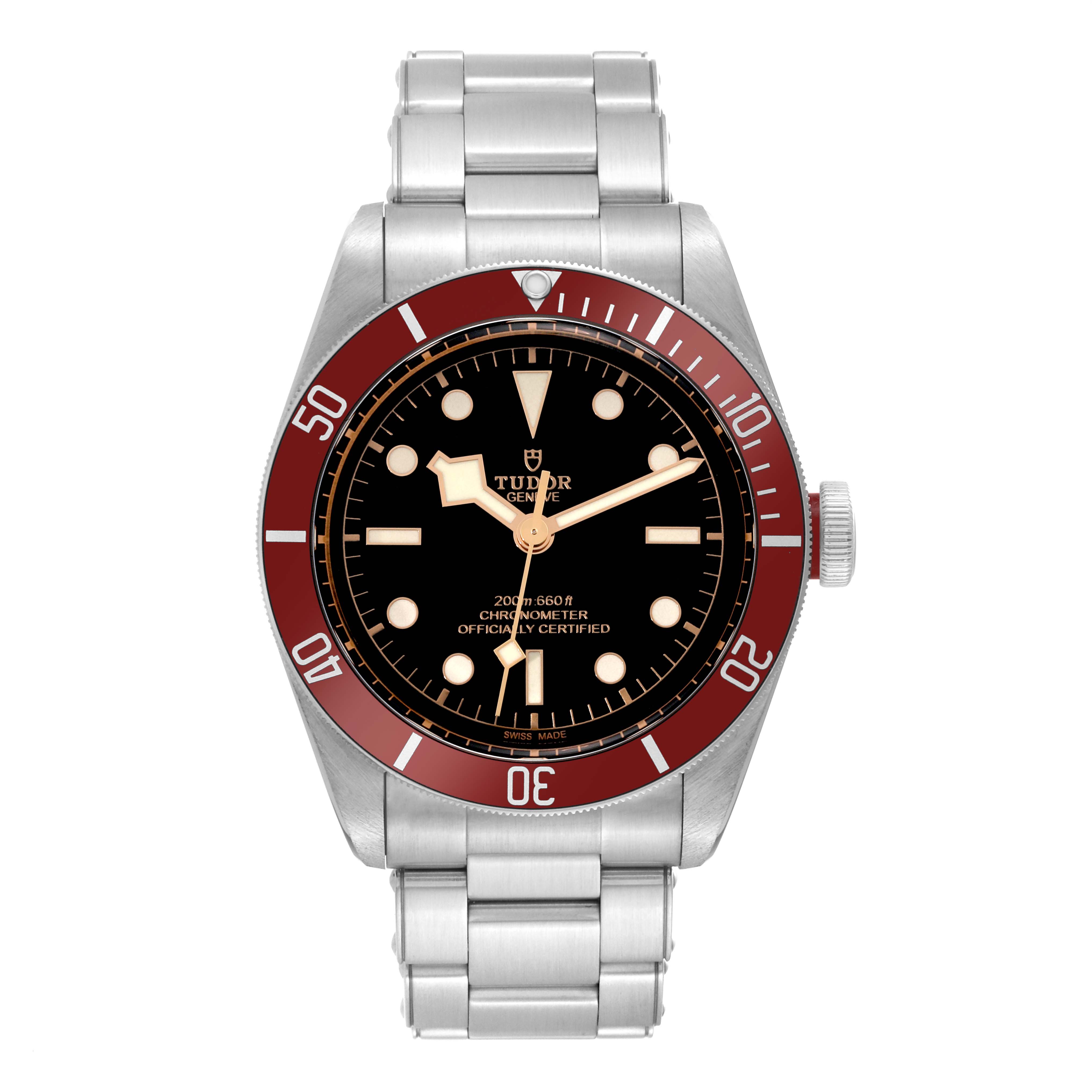 This is a front view of the Tudor Heritage Black Bay 79230R Men's Stainless Steel Black Dial 79230R Men's Stainless Steel Black Dial watch, showcasing its dial, bezel, and bracelet.