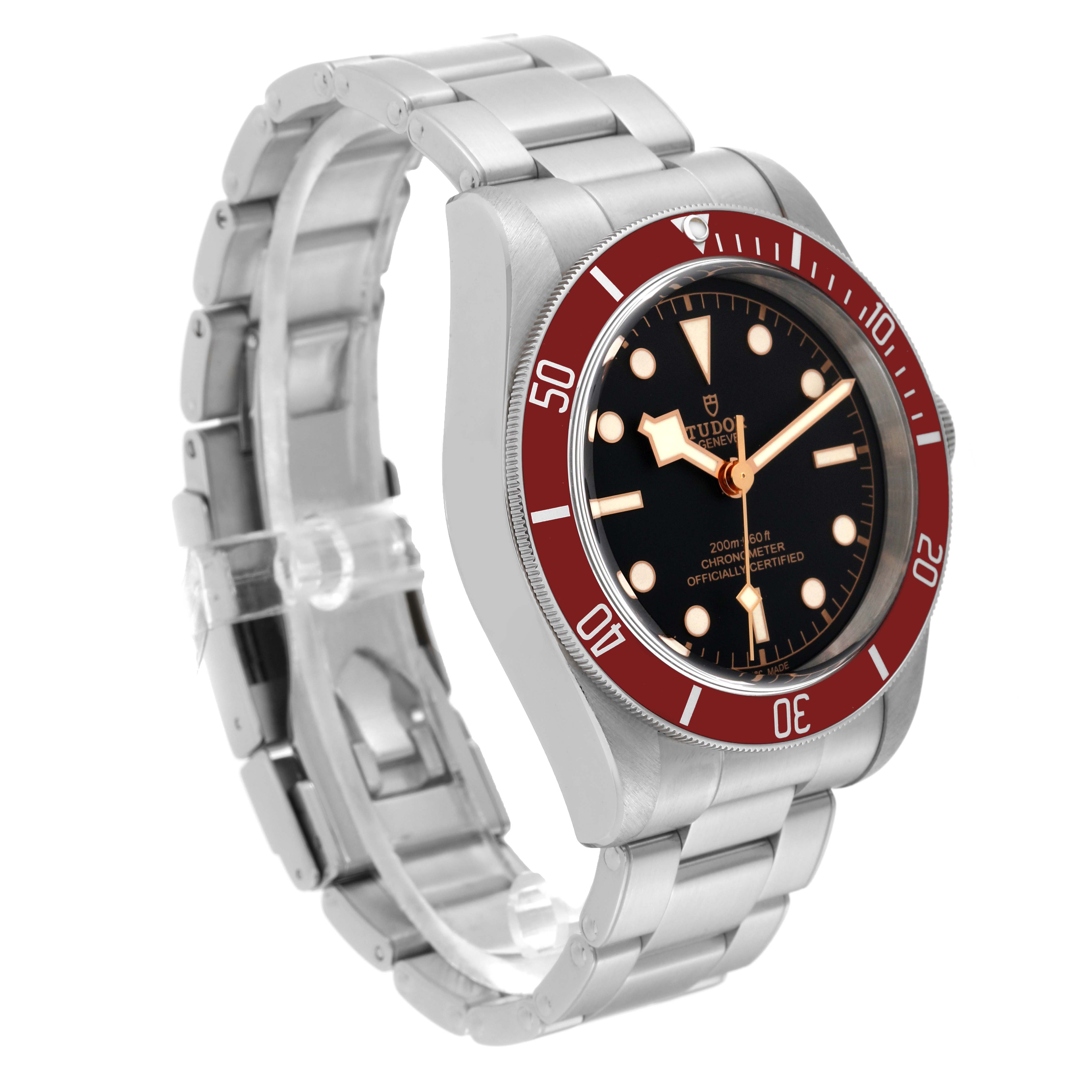 The image shows a Tudor Heritage Black Bay 79230R Men's Stainless Steel Black Dial 79230R Men's Stainless Steel Black Dial watch at a three-quarter angle highlighting the face, bezel, and bracelet.