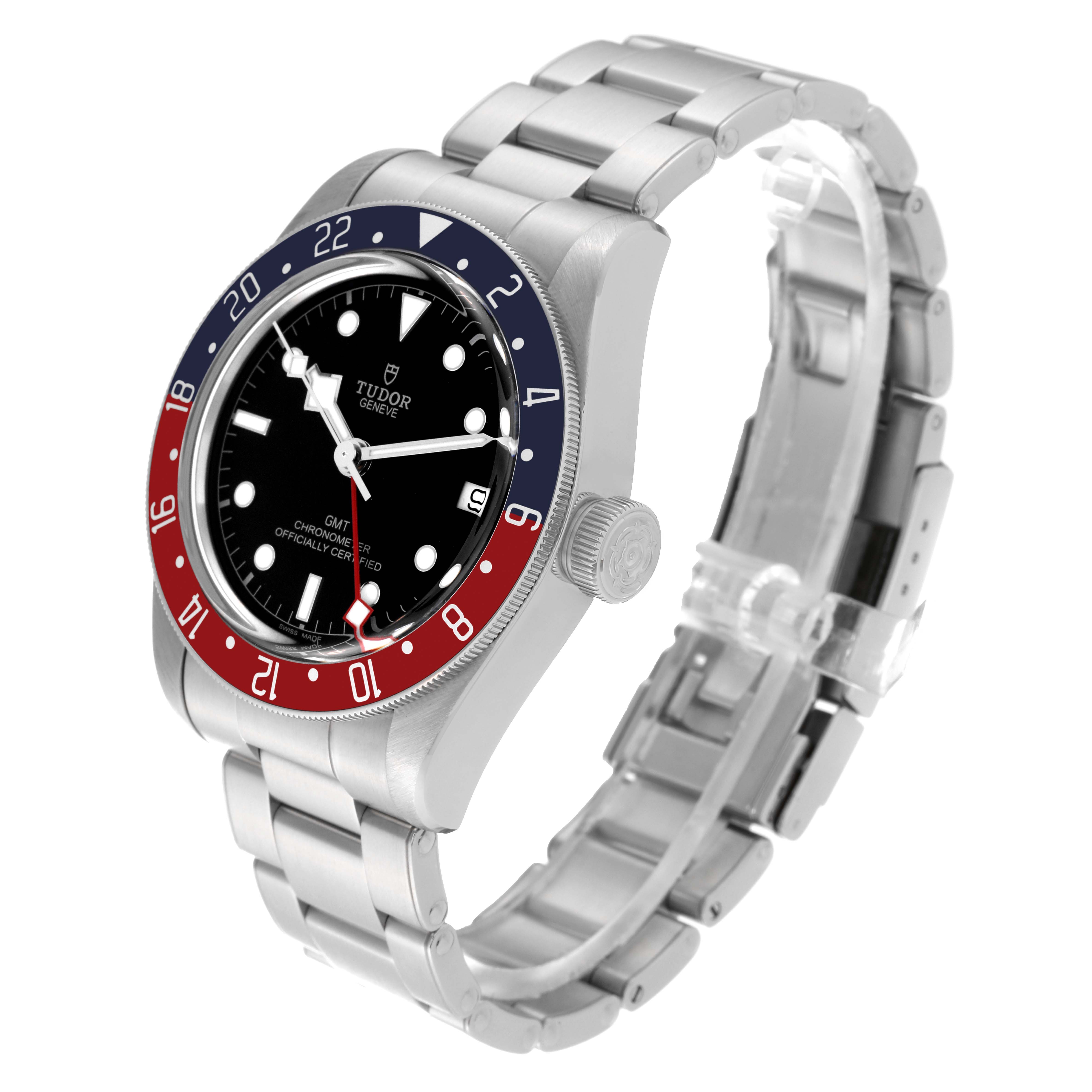 The Tudor Heritage Black Bay 79830RB Men's Stainless Steel Black Dial 79830RB Men's Stainless Steel Black Dial watch is shown at a front-left angle, highlighting its bezel, dial, and metal bracelet.