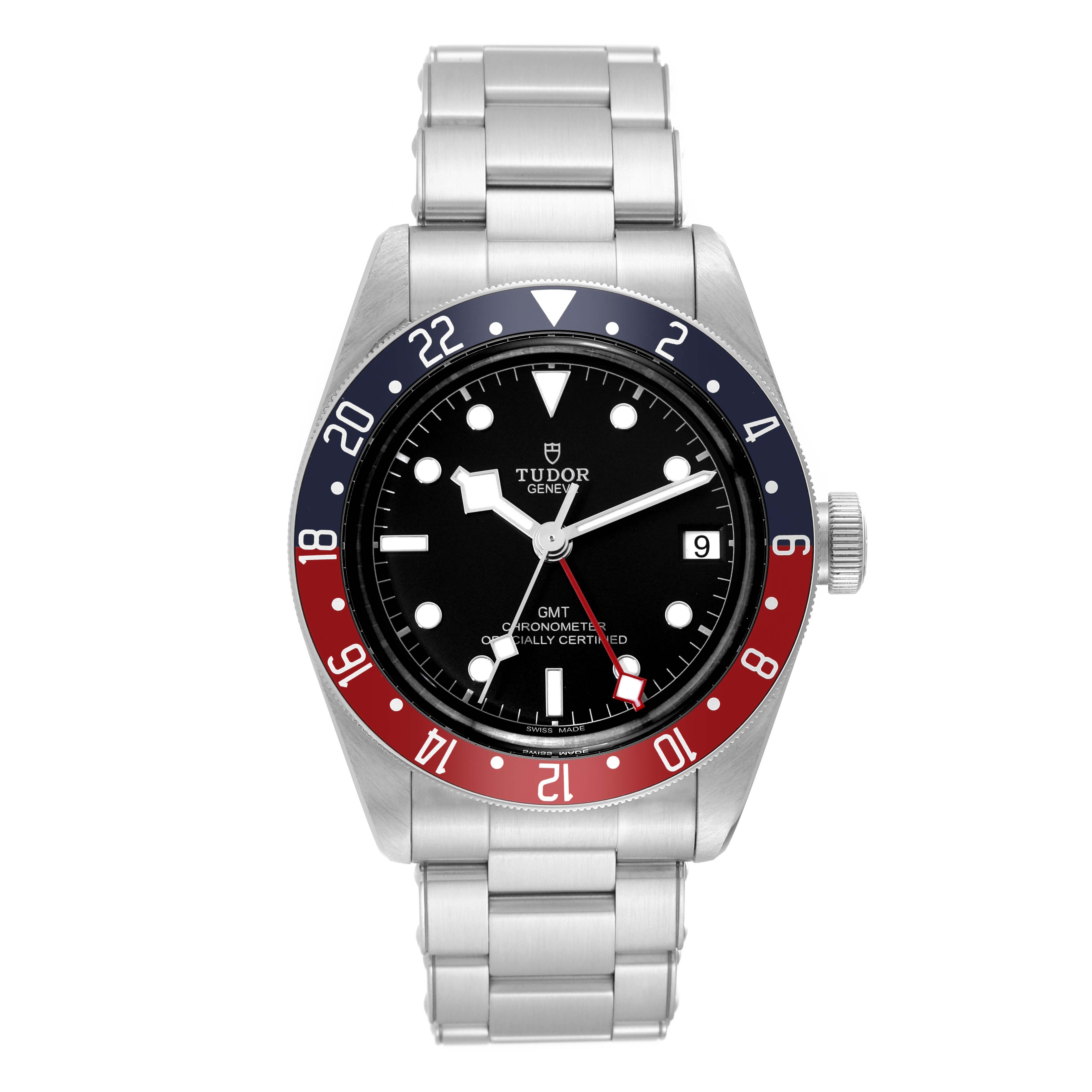 The Tudor Heritage Black Bay 79830RB Men's Stainless Steel Black Dial 79830RB Men's Stainless Steel Black Dial GMT watch is shown from a front angle, displaying the bezel, dial, and stainless steel bracelet.